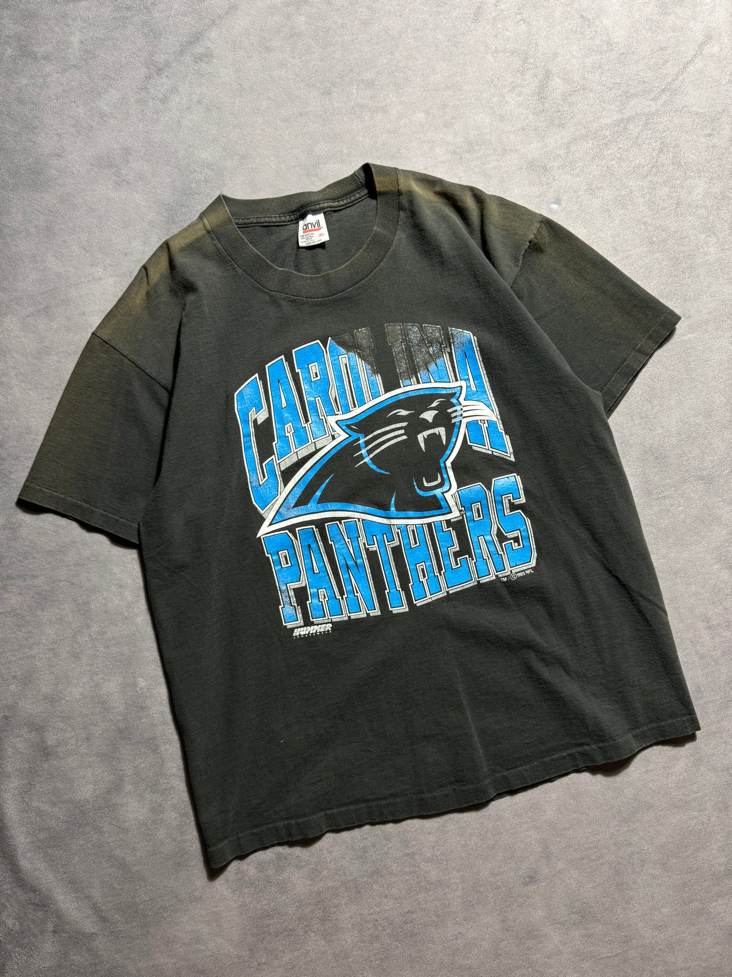 1993 Carolina Panthers Vintage Distressed Sun Faded Black Arch Block Letter Spellout NFL Tee (Large)
