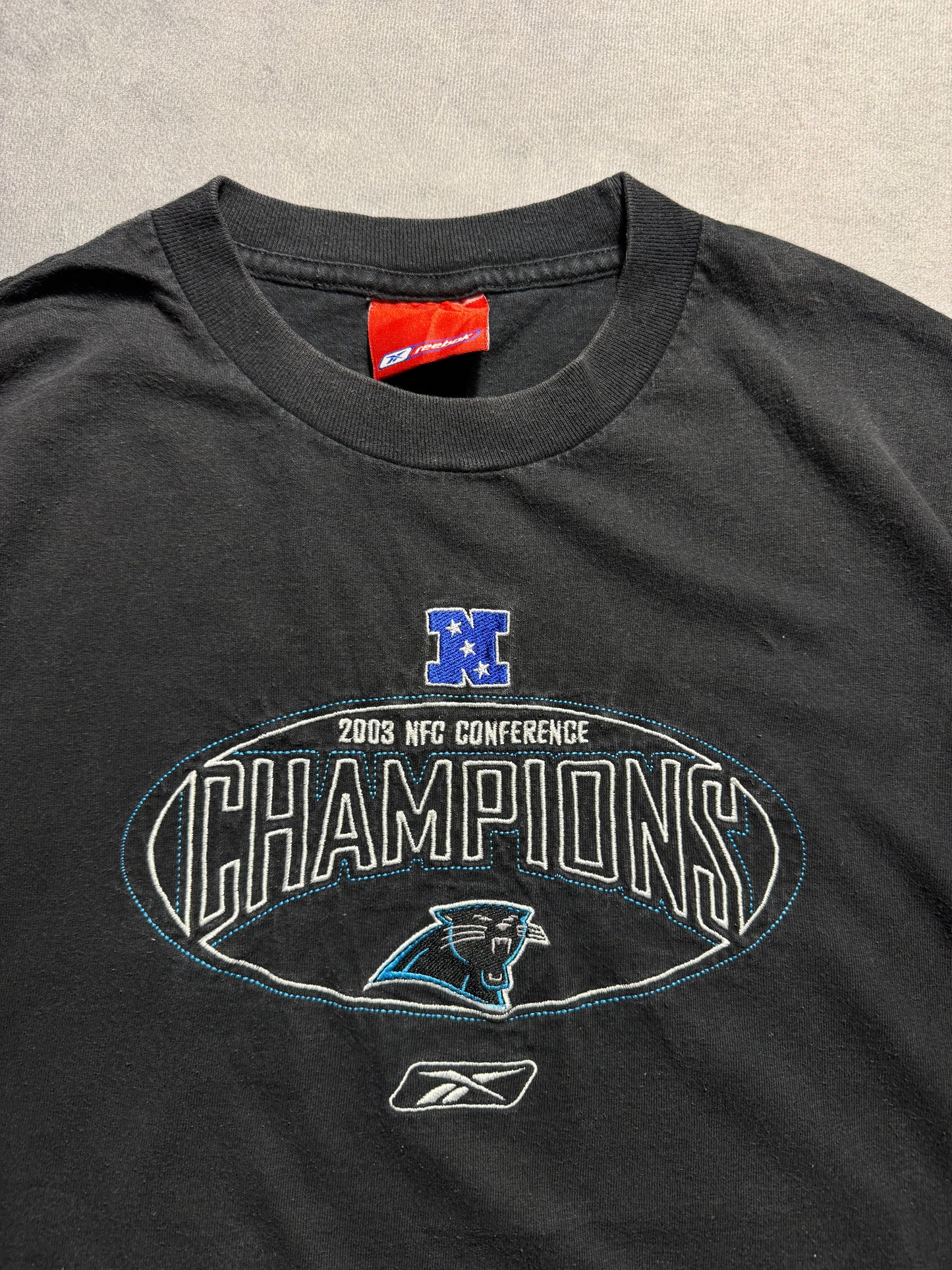 2003 Carolina Panthers NFC Champions Vintage Black Reebok Embroidered NFL Tee (Large)
