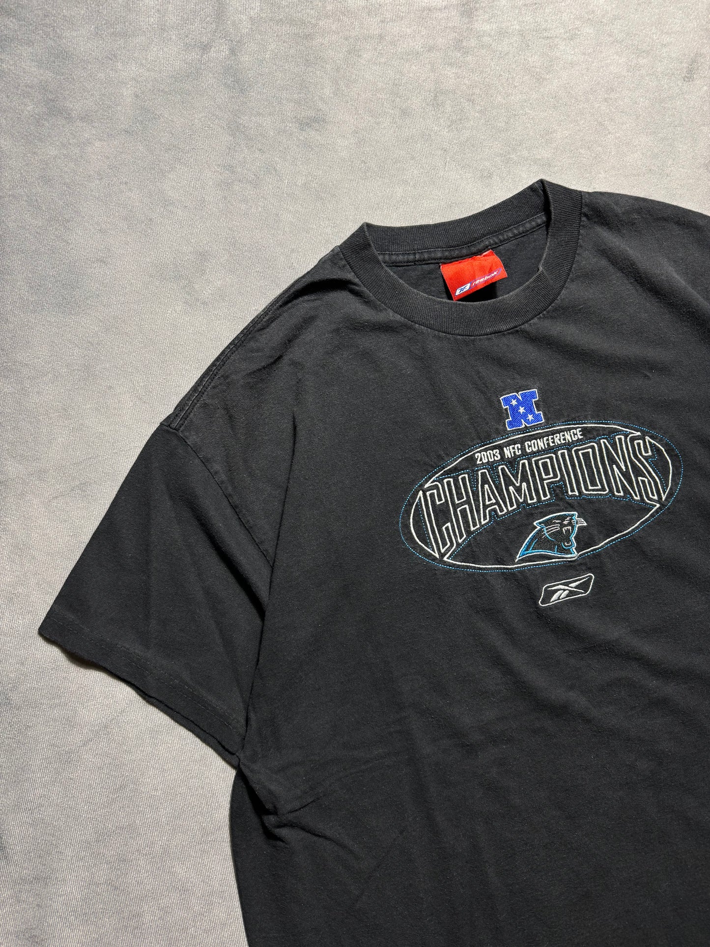 2003 Carolina Panthers NFC Champions Vintage Black Reebok Embroidered NFL Tee (Large)