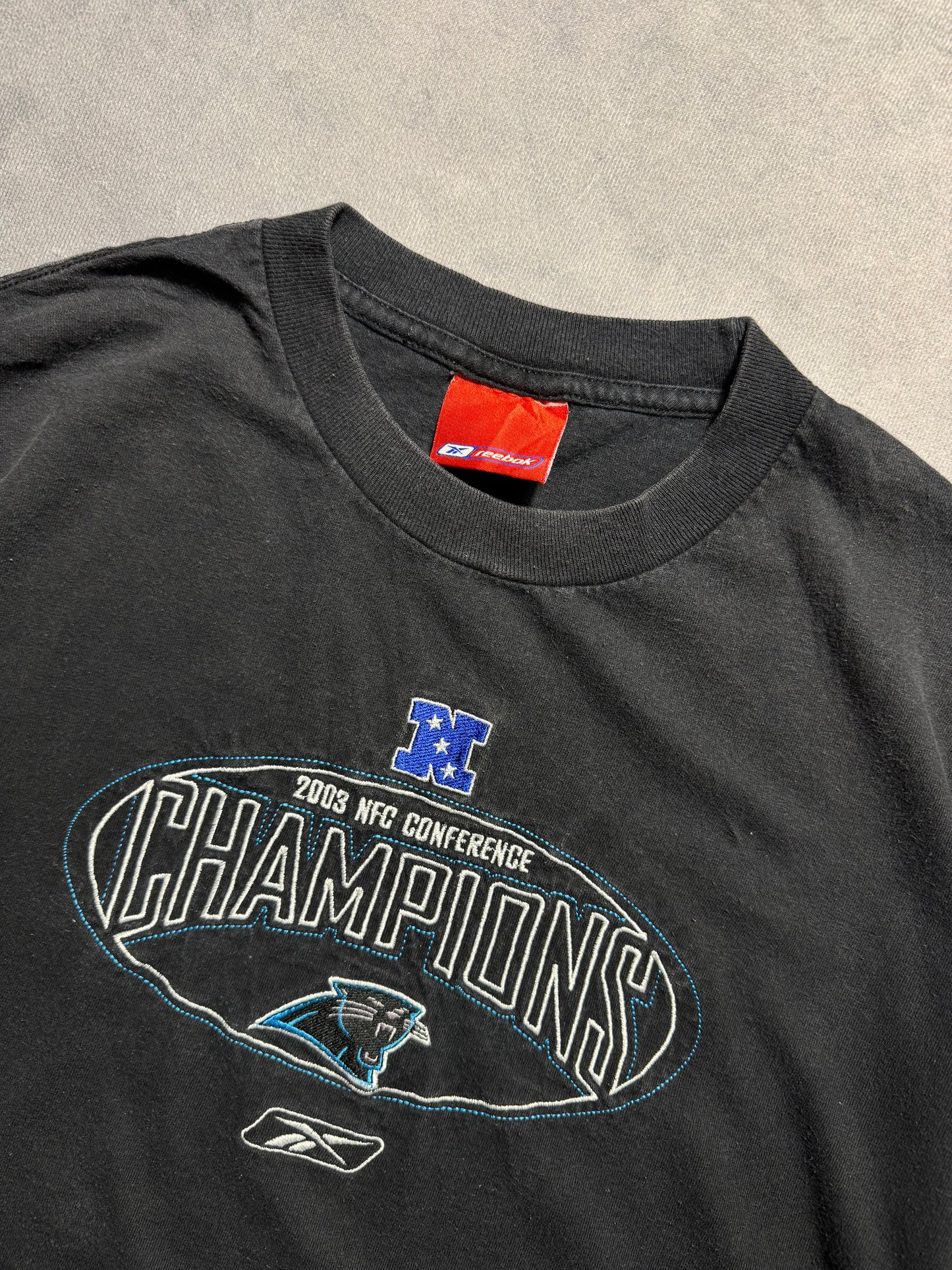 2003 Carolina Panthers NFC Champions Vintage Black Reebok Embroidered NFL Tee (Large)