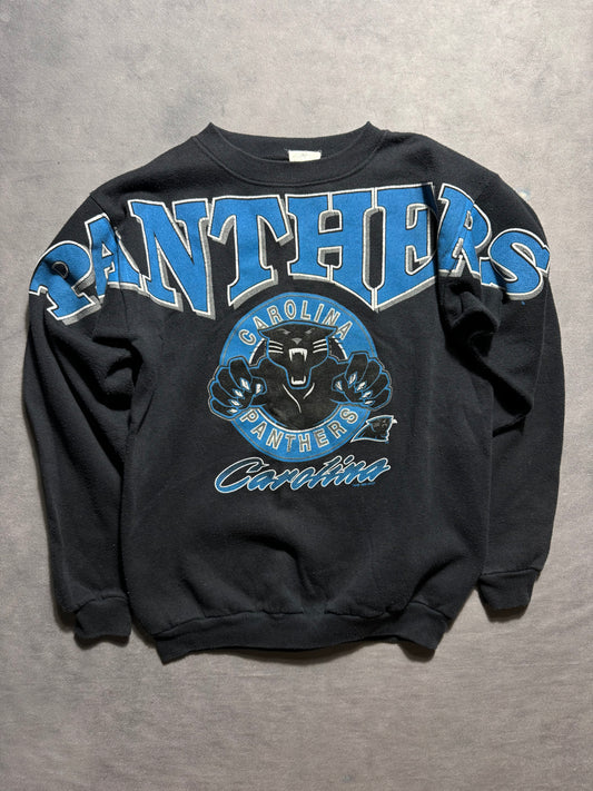 90’s Carolina Panthers Vintage Black Leaping Panther Full Shoulder to Shoulder Spellout NFL Crewneck (Small)