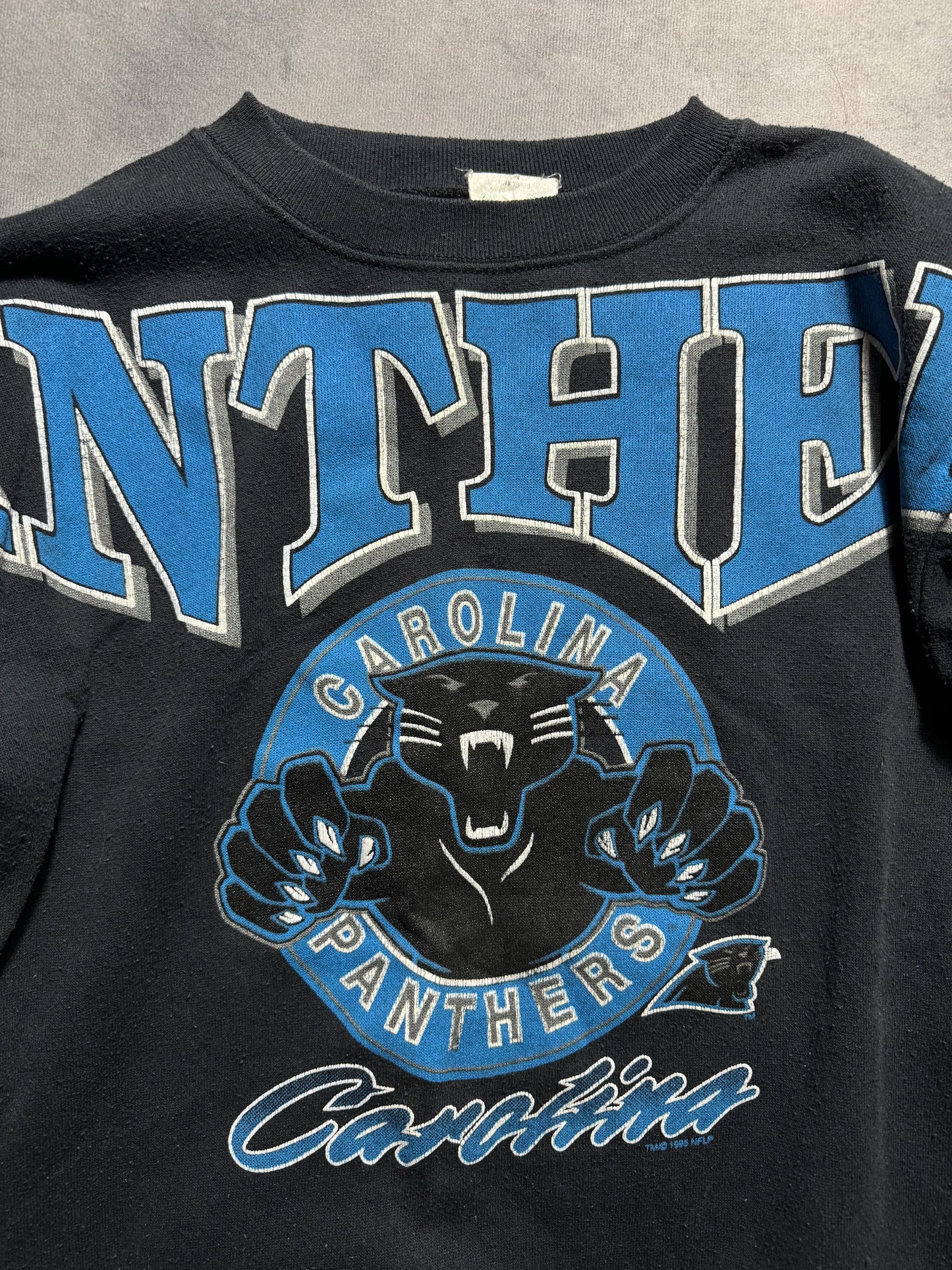 90’s Carolina Panthers Vintage Black Leaping Panther Full Shoulder to Shoulder Spellout NFL Crewneck (Small)