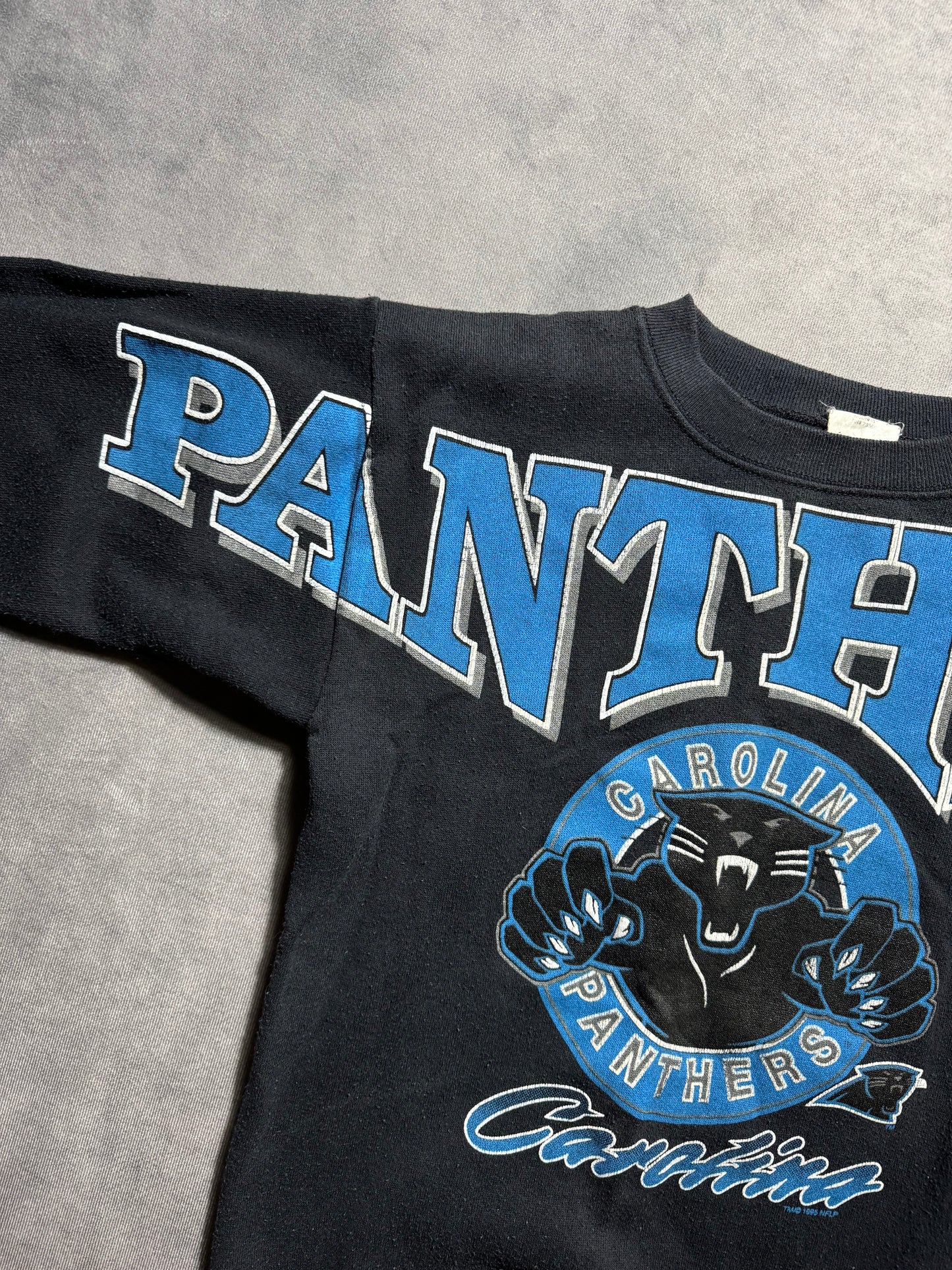 90’s Carolina Panthers Vintage Black Leaping Panther Full Shoulder to Shoulder Spellout NFL Crewneck (Small)