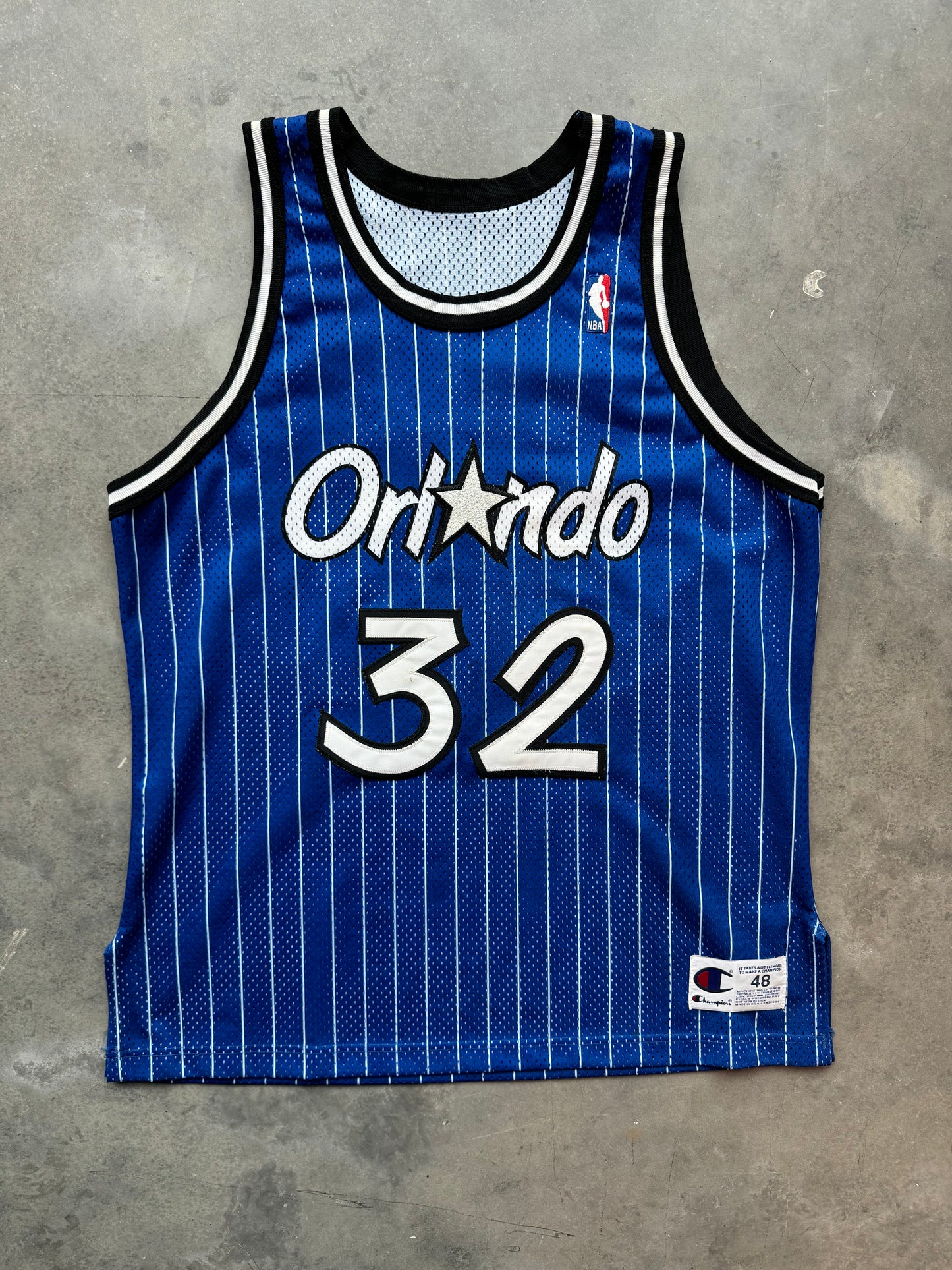 90’s Orlando Magic Shaquille O’Neal Vintage Alternate Blue Champion Pinstriped NBA Authentic Stitched Jersey (48/XL)