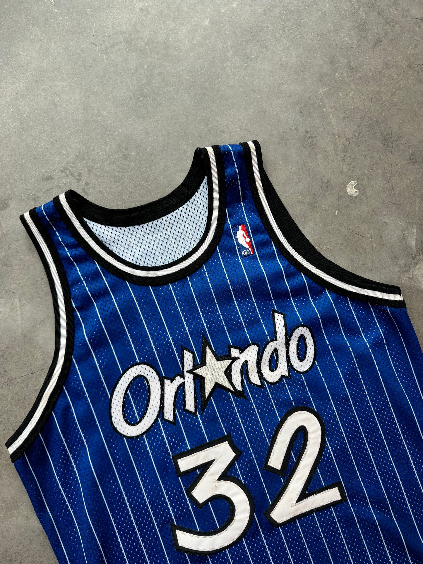 90’s Orlando Magic Shaquille O’Neal Vintage Alternate Blue Champion Pinstriped NBA Authentic Stitched Jersey (48/XL)