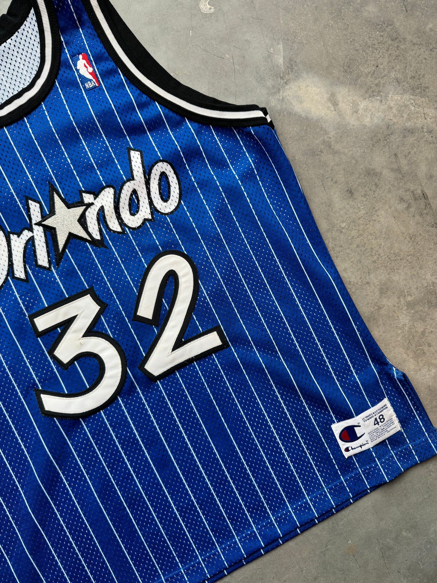 90’s Orlando Magic Shaquille O’Neal Vintage Alternate Blue Champion Pinstriped NBA Authentic Stitched Jersey (48/XL)