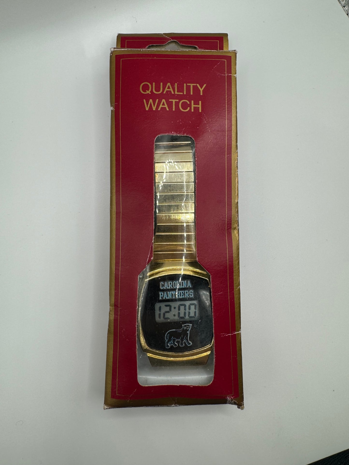 90’s Carolina Panthers Vintage Gold Tone Alternate Full Cat Logo NFL Digital Watch (OSFA)