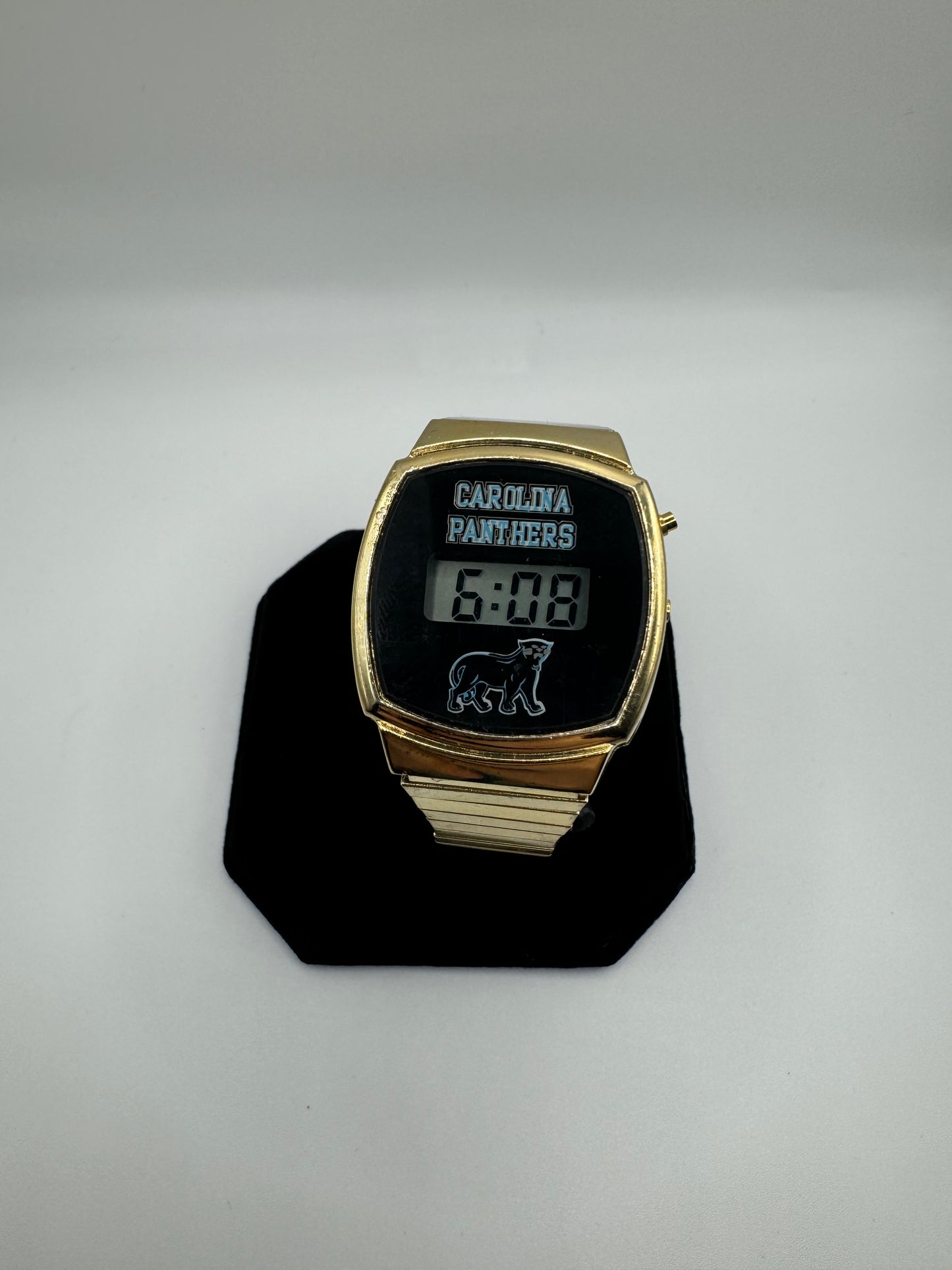 90’s Carolina Panthers Vintage Gold Tone Alternate Full Cat Logo NFL Digital Watch (OSFA)