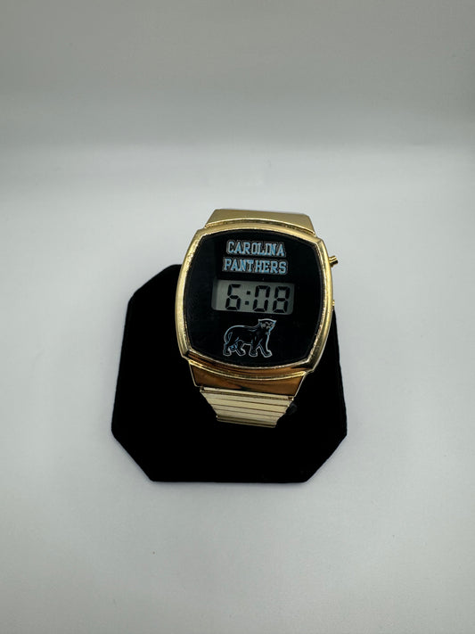 90’s Carolina Panthers Vintage Gold Tone Alternate Full Cat Logo NFL Digital Watch (OSFA)