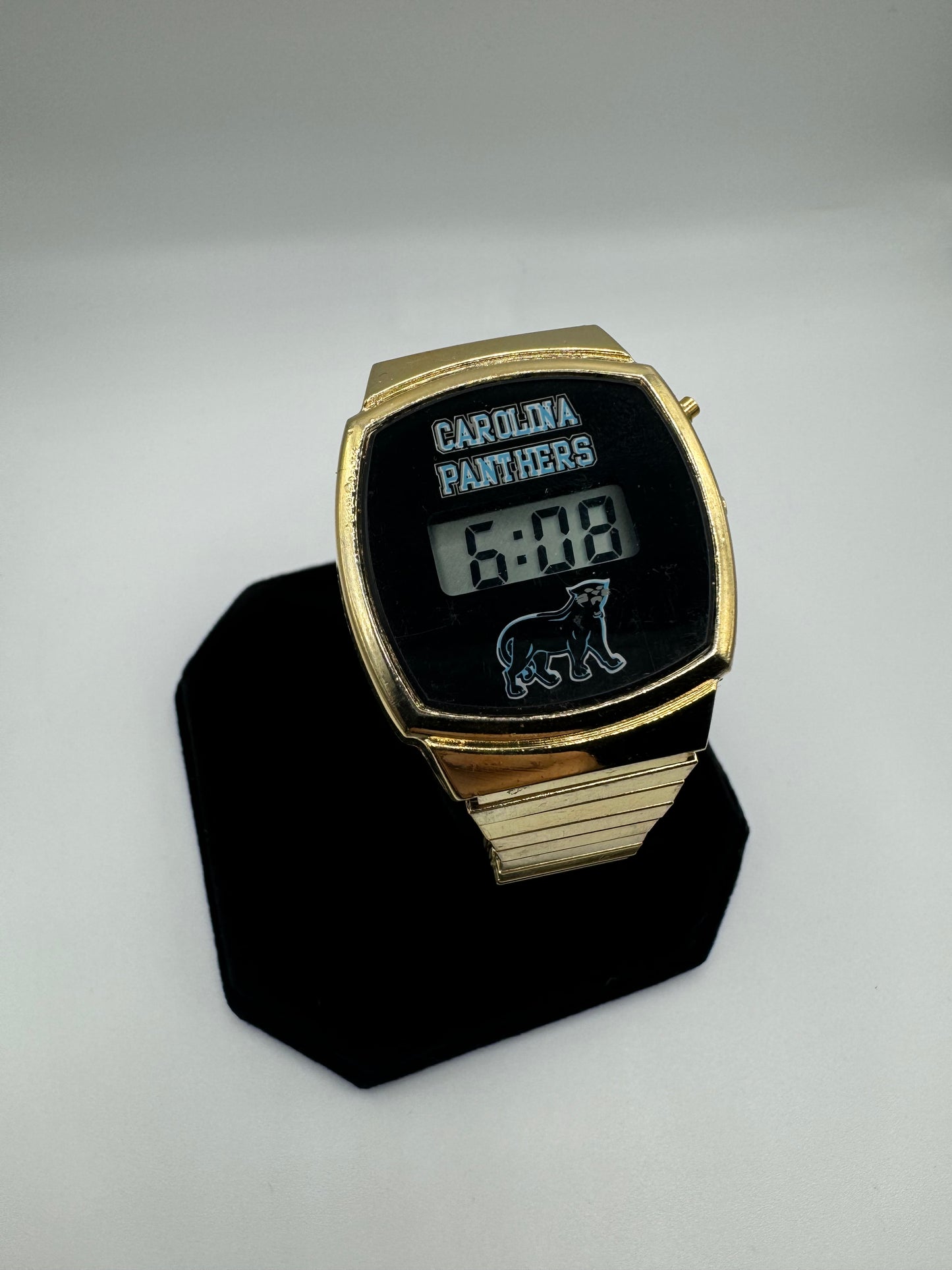 90’s Carolina Panthers Vintage Gold Tone Alternate Full Cat Logo NFL Digital Watch (OSFA)