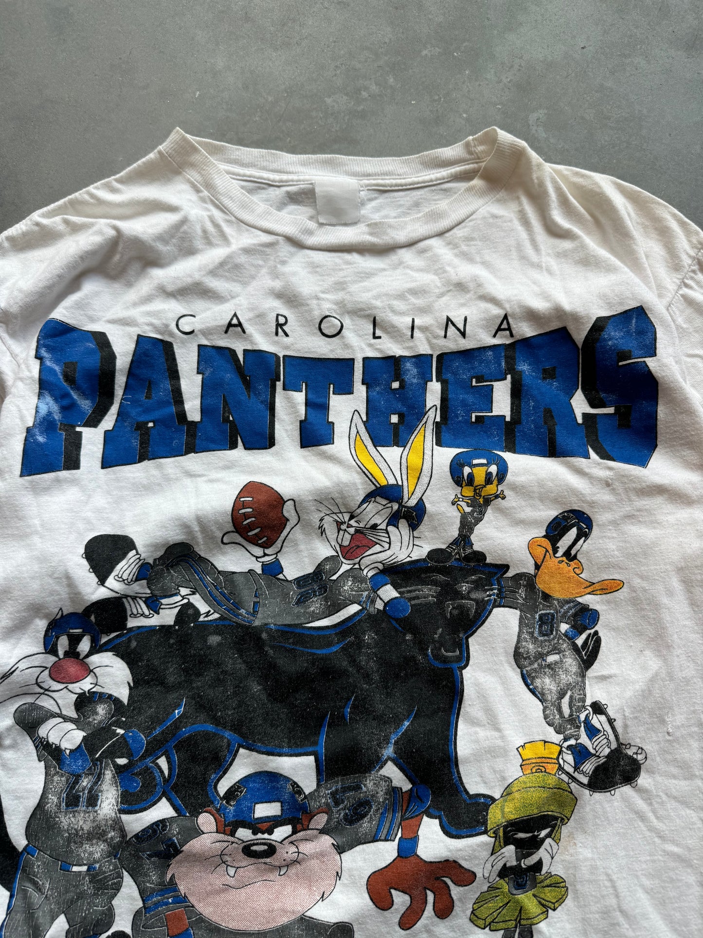 1995 Carolina Panthers x Looney Tunes Vintage Front & Back Print Inaugural Season NFL Tee (Large)