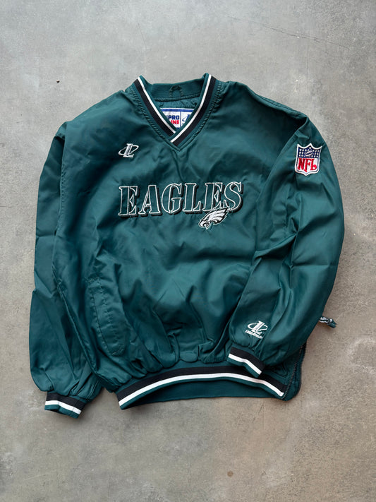 90’s Philadelphia Eagles Vintage Logo Athletic Embroidered Midnight Green NFL Pro Line Sideline Windbreaker Pullover Jacket (Medium)