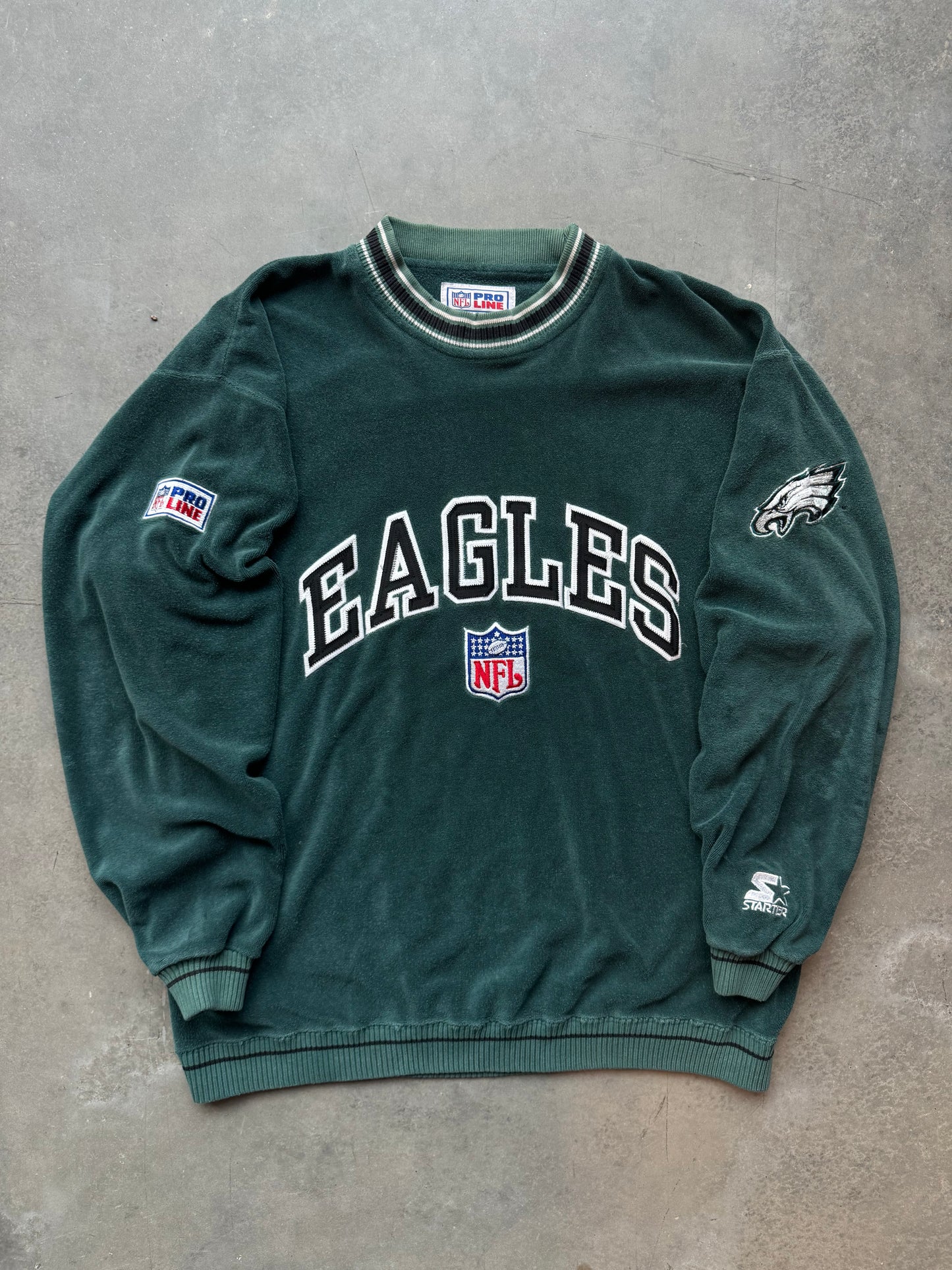 90’s Philadelphia Eagles Vintage Midnight Green Starter Embroidered Heavyweight NFL Crewneck (Large)