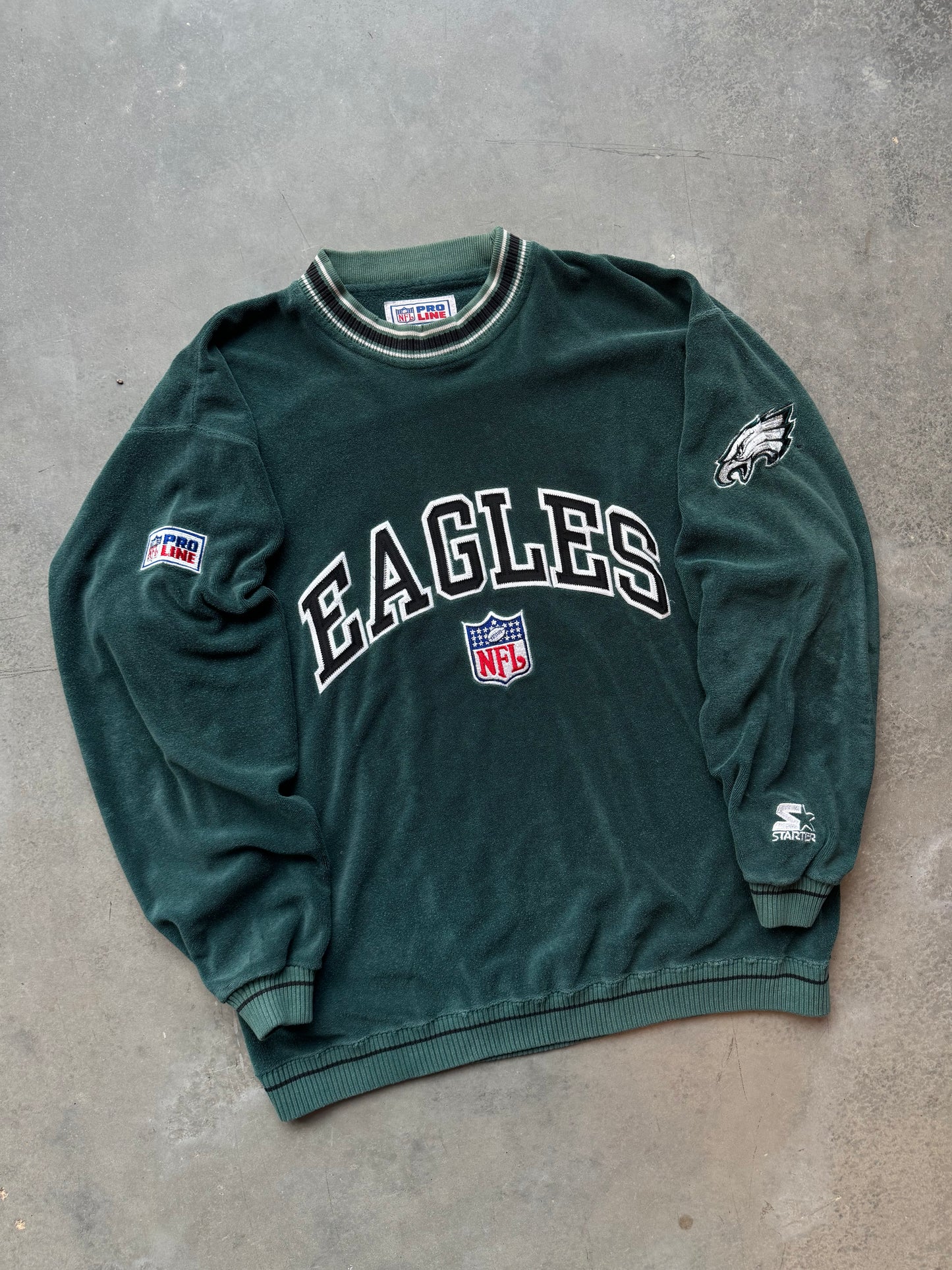 90’s Philadelphia Eagles Vintage Midnight Green Starter Embroidered Heavyweight NFL Crewneck (Large)
