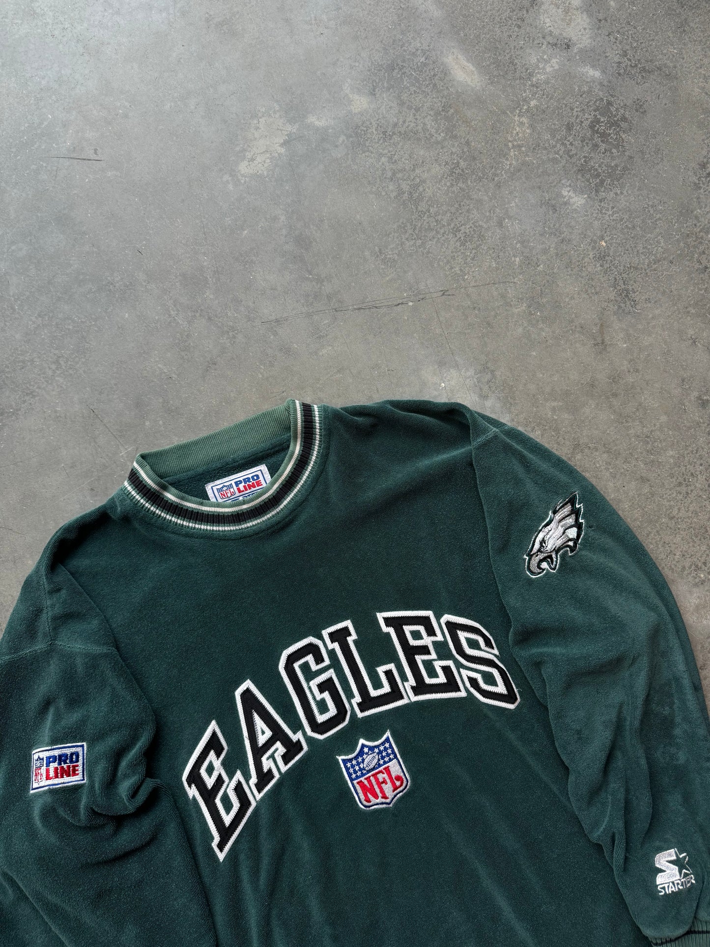 90’s Philadelphia Eagles Vintage Midnight Green Starter Embroidered Heavyweight NFL Crewneck (Large)