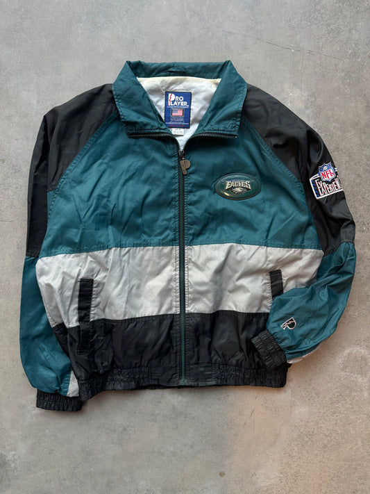 90’s Philadelphia Eagles Vintage Pro Player Midnight Green Colorblocked Full Zip NFL Windbreaker Jacket (Medium)
