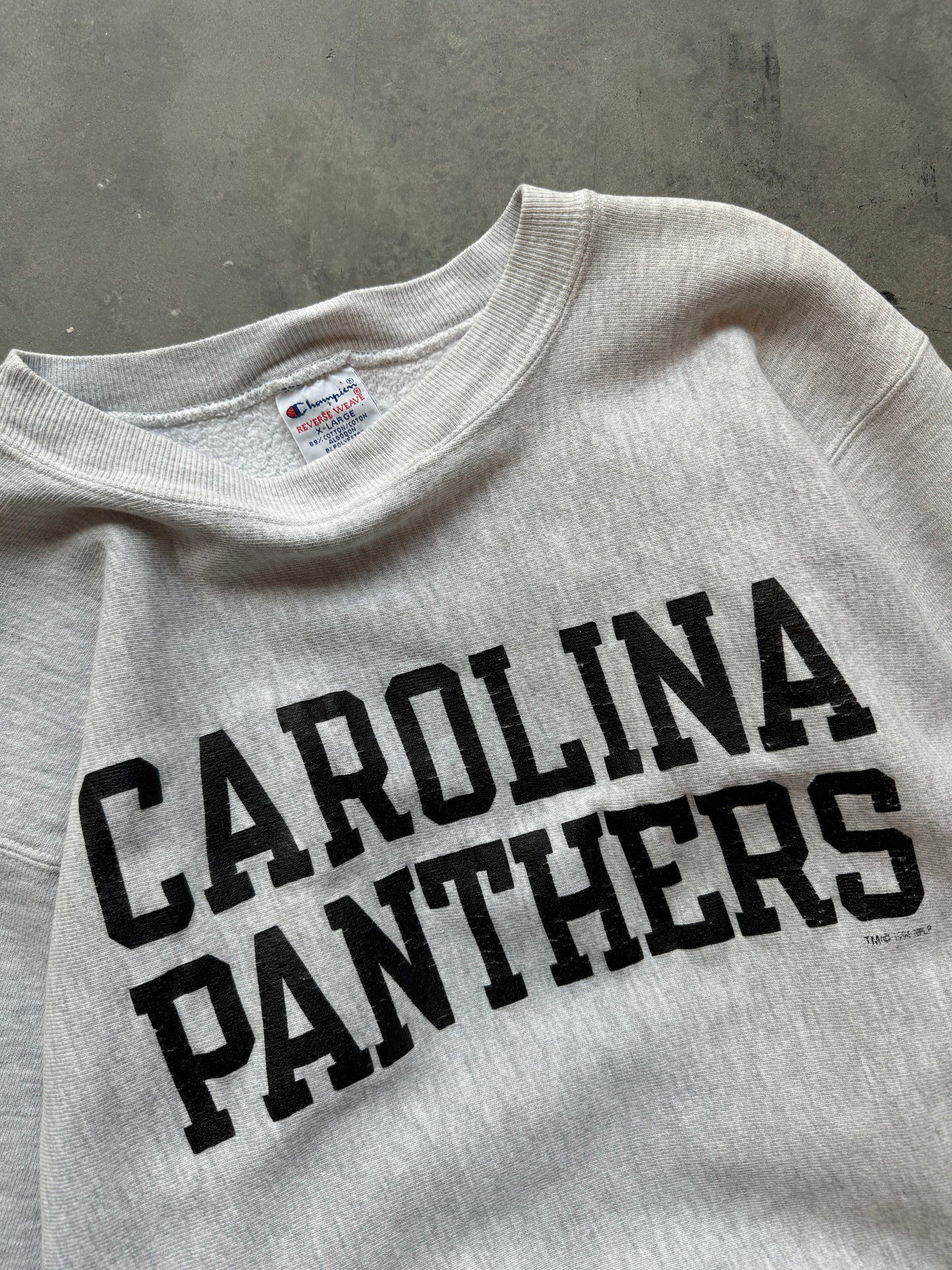 1994 Carolina Panthers Vintage Champion Reverse Weave Heavyweight Spellout NFL Crewneck (Large)