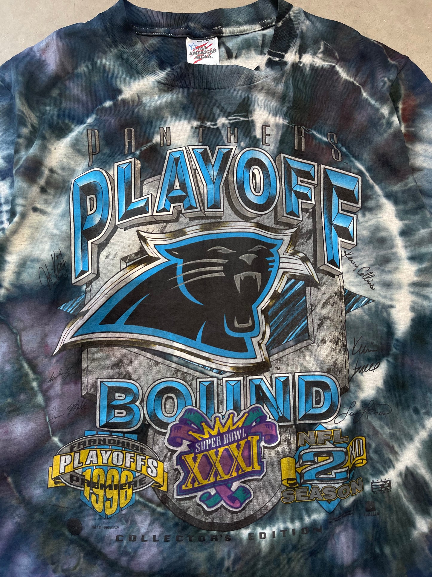 1996 Carolina Panthers “Playoff Bound” Vintage Custom Tie Dyed NFL Tee (Medium)