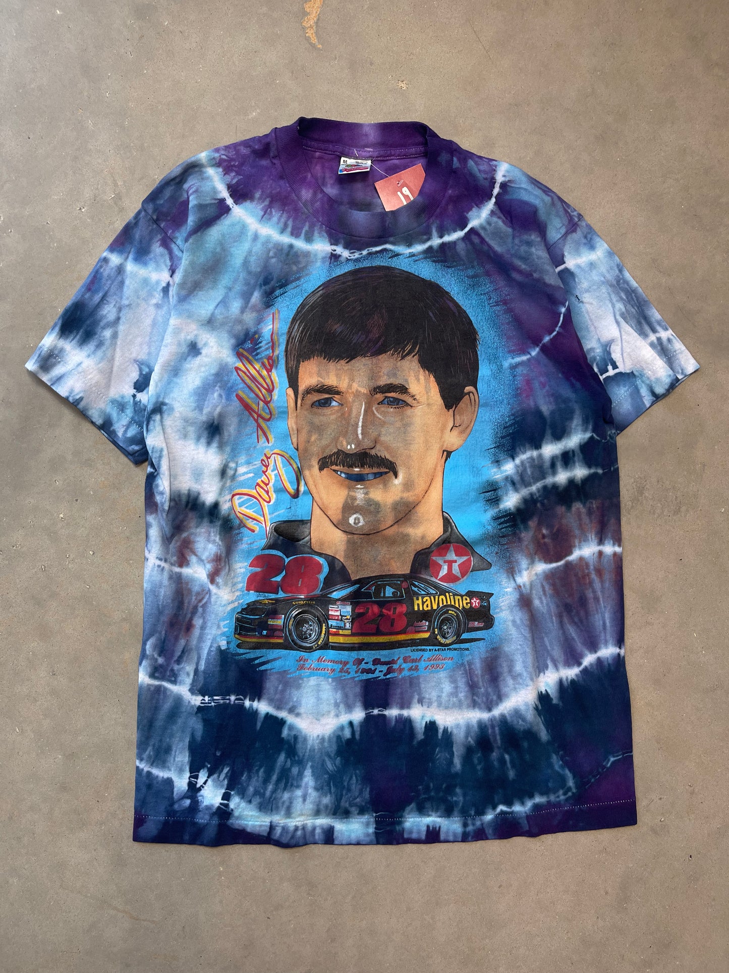 1993 Davey Allison Vintage NASCAR Memorial Custom Tie Dyed Tee (Medium)