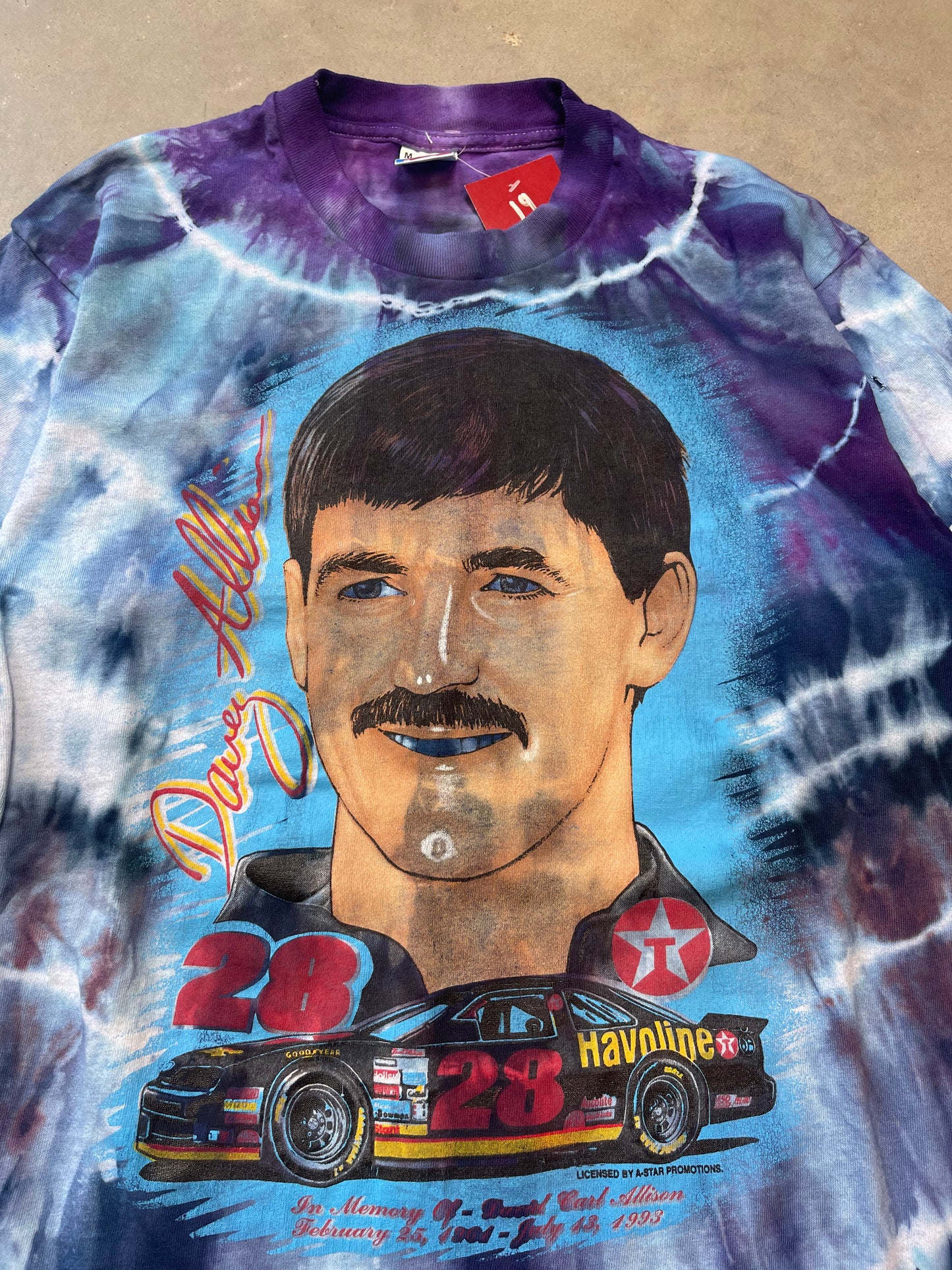 1993 Davey Allison Vintage NASCAR Memorial Custom Tie Dyed Tee (Medium)