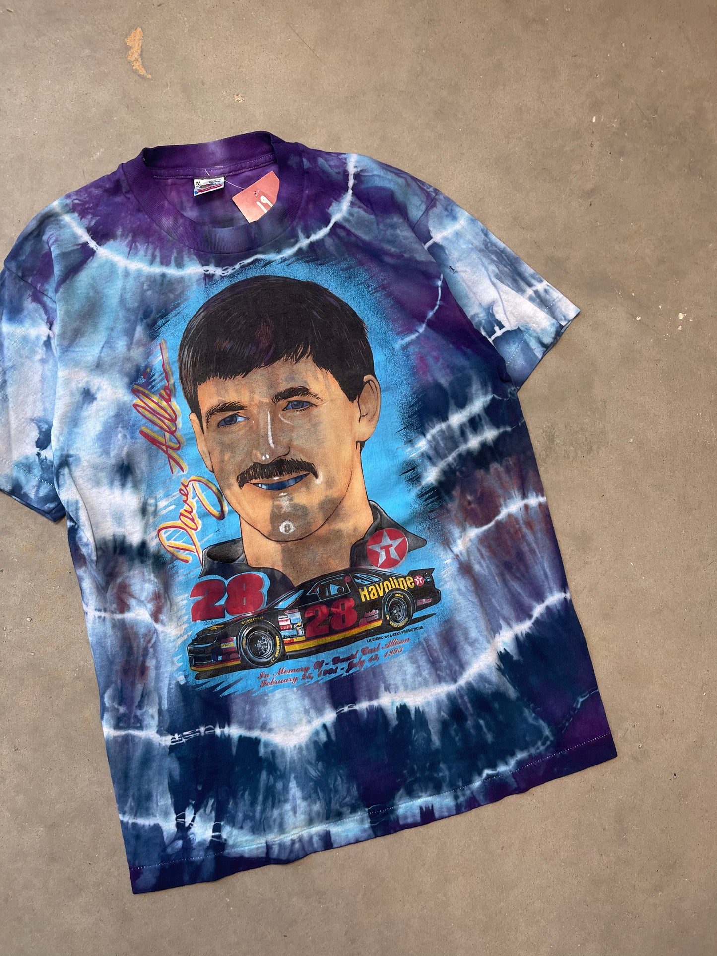 1993 Davey Allison Vintage NASCAR Memorial Custom Tie Dyed Tee (Medium)