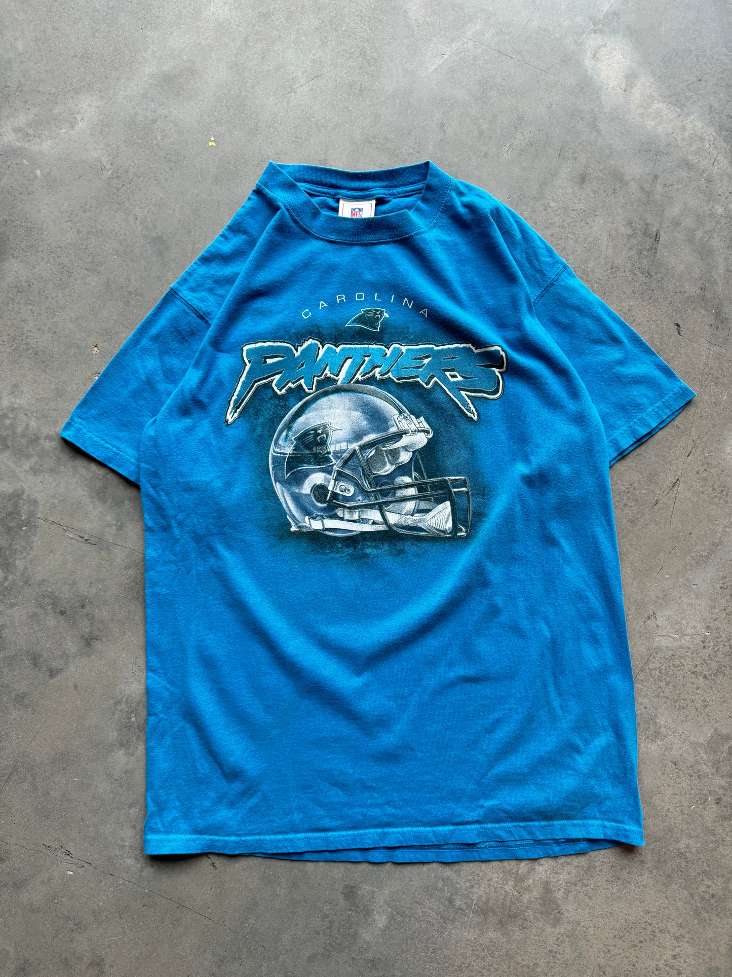 00’s Carolina Panthers Vintage Electric Blue Cat Scratch Font NFL Tee (Large)