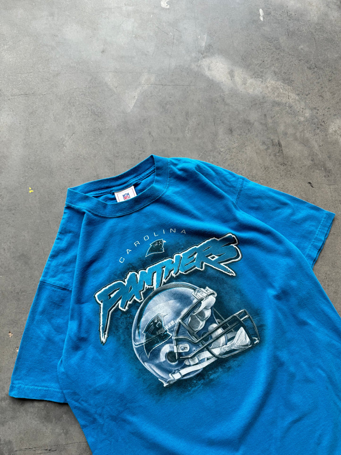 00’s Carolina Panthers Vintage Electric Blue Cat Scratch Font NFL Tee (Large)