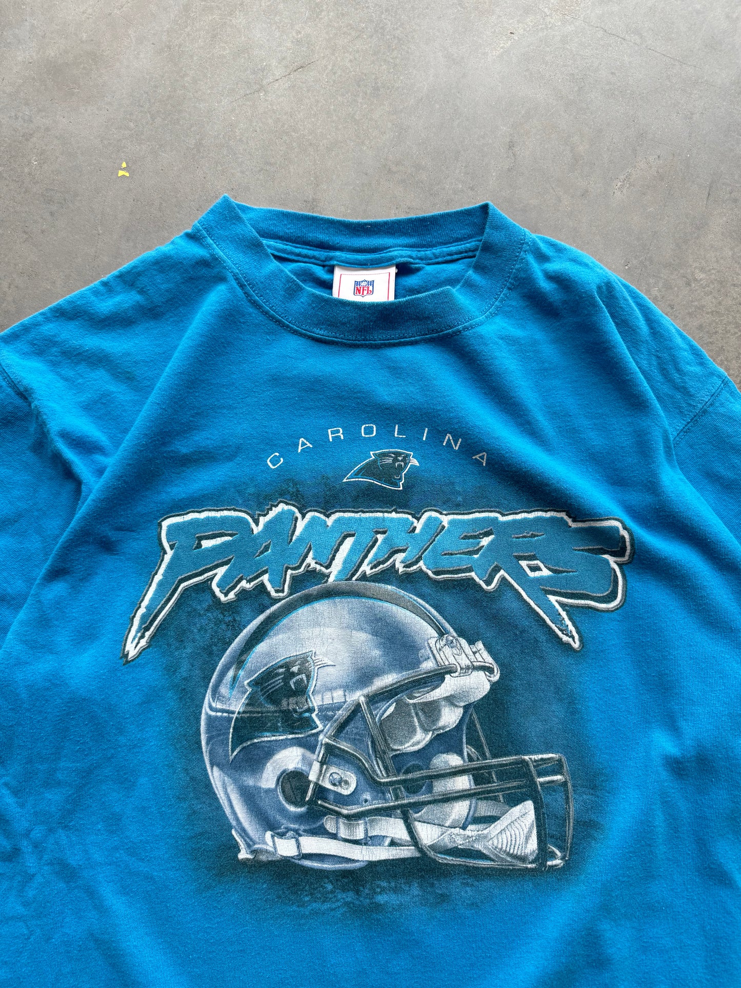 00’s Carolina Panthers Vintage Electric Blue Cat Scratch Font NFL Tee (Large)