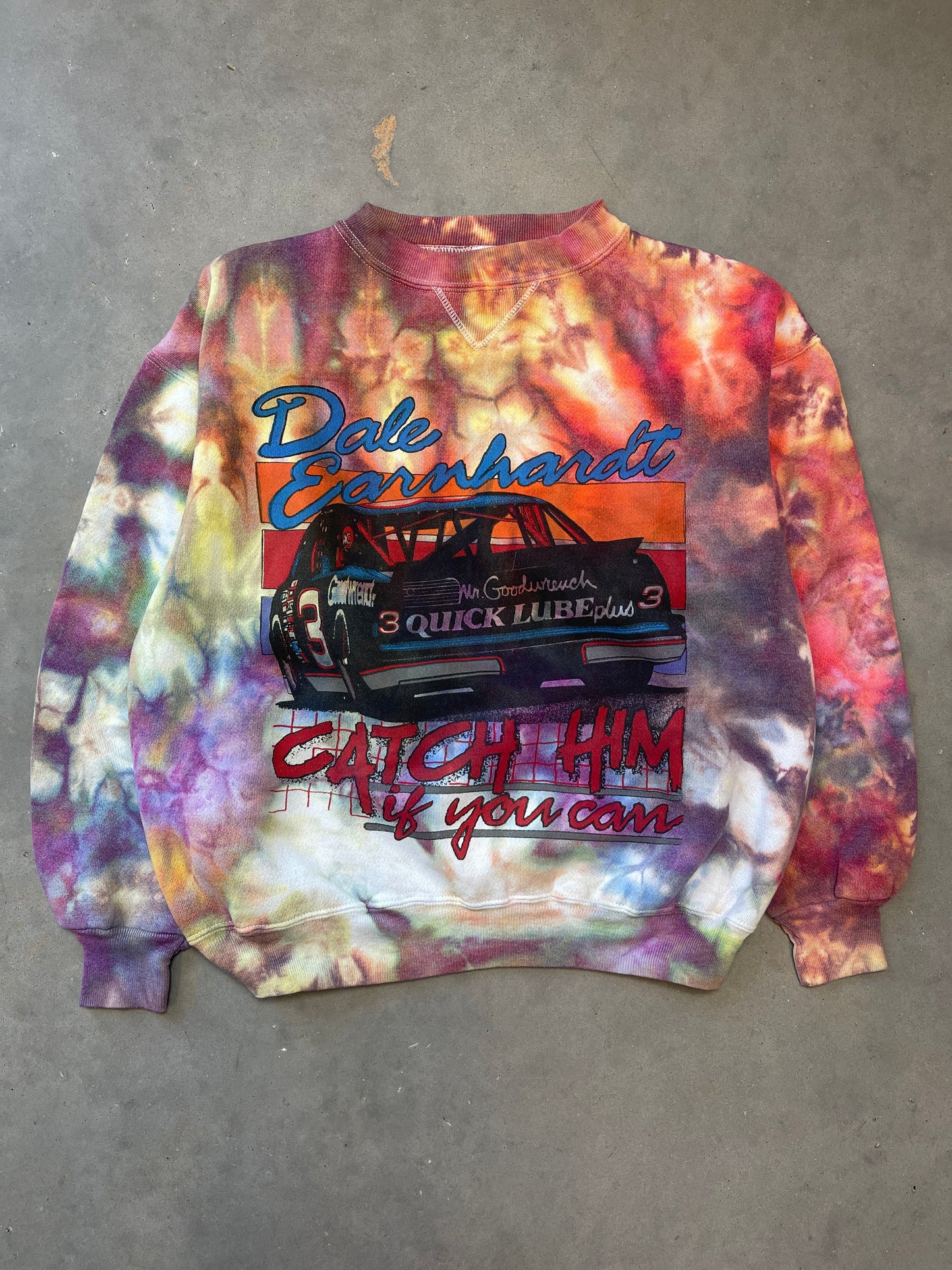 90’s Dale Earnhardt “Catch Him If You Can” Vintage Custom Tie Dye Heavyweight NASCAR Crewneck (Medium)