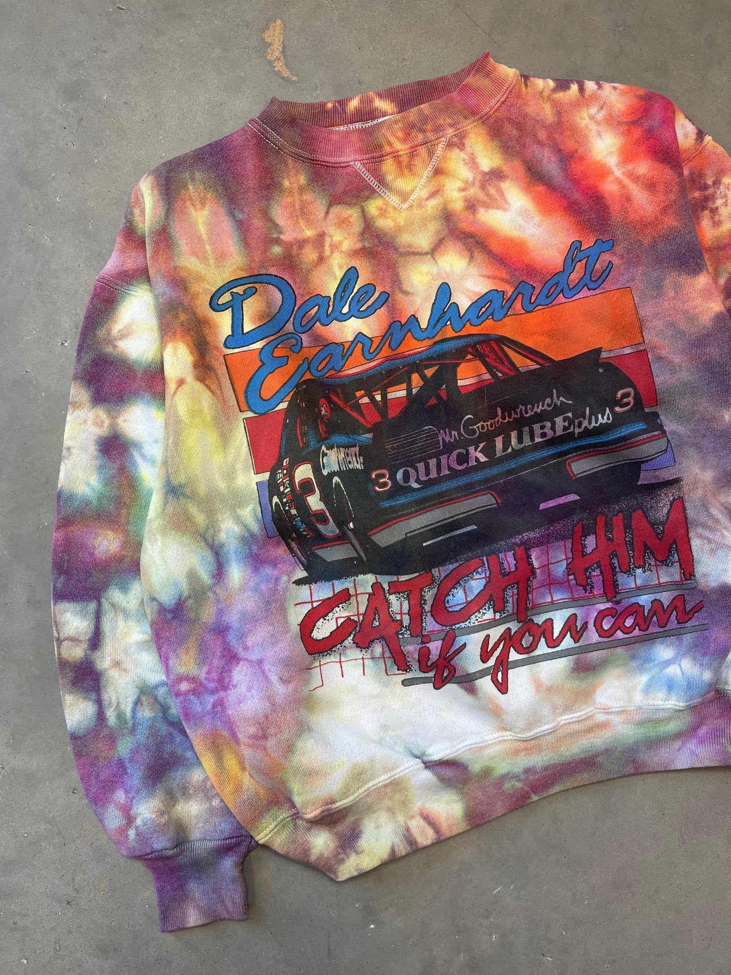 90’s Dale Earnhardt “Catch Him If You Can” Vintage Custom Tie Dye Heavyweight NASCAR Crewneck (Medium)