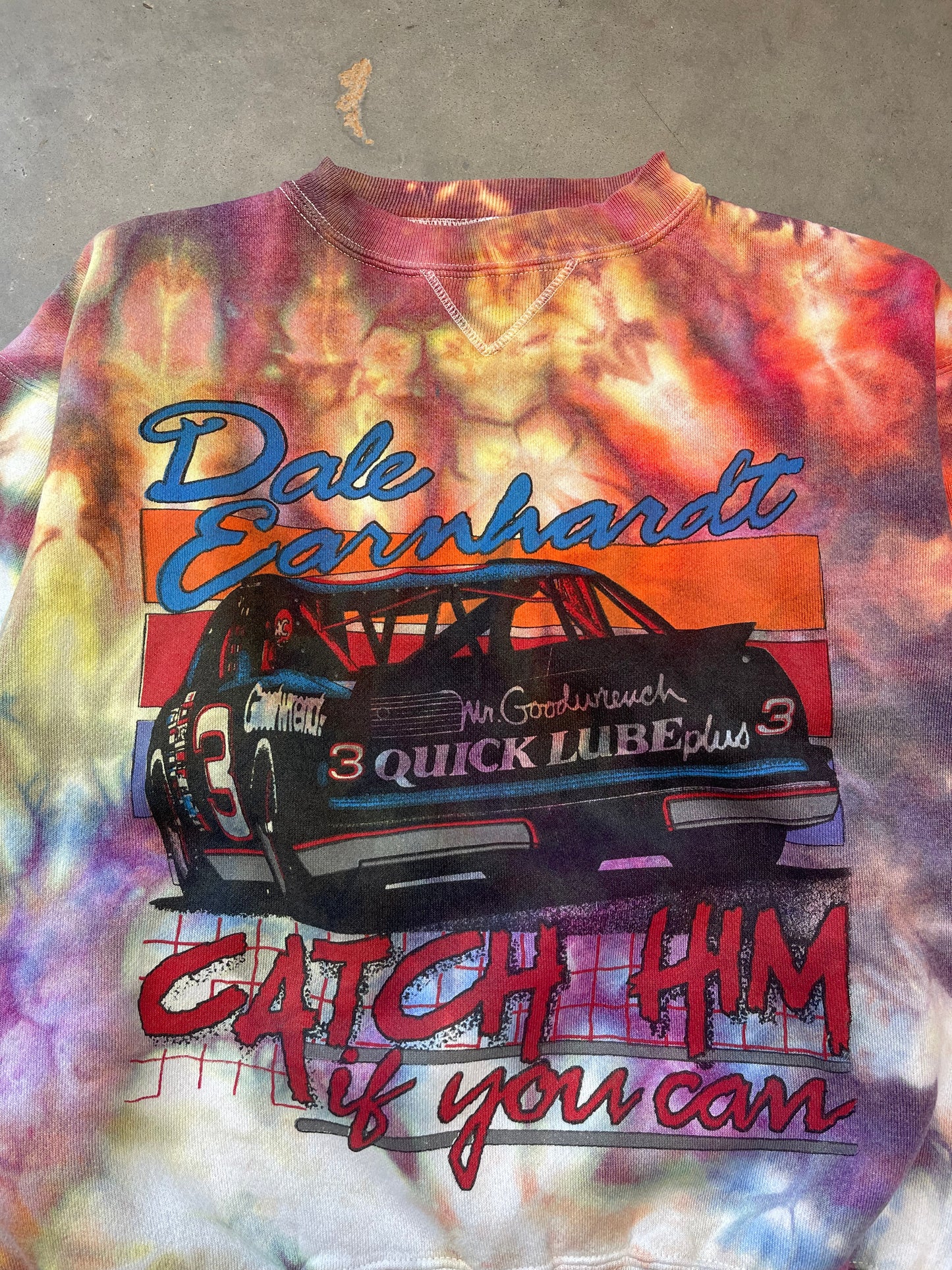 90’s Dale Earnhardt “Catch Him If You Can” Vintage Custom Tie Dye Heavyweight NASCAR Crewneck (Medium)