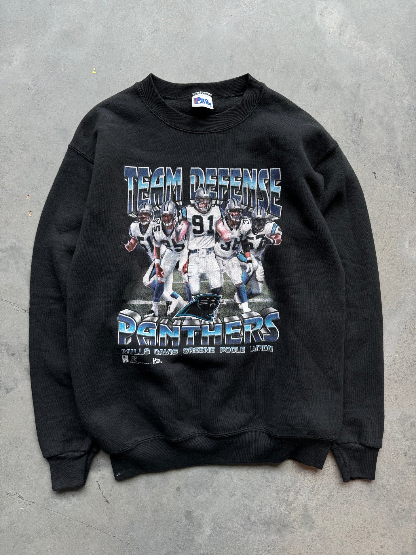 1996 Carolina Panthers Team Defense Vintage Pro Player Black Heavyweight NFL Crewneck (Medium)