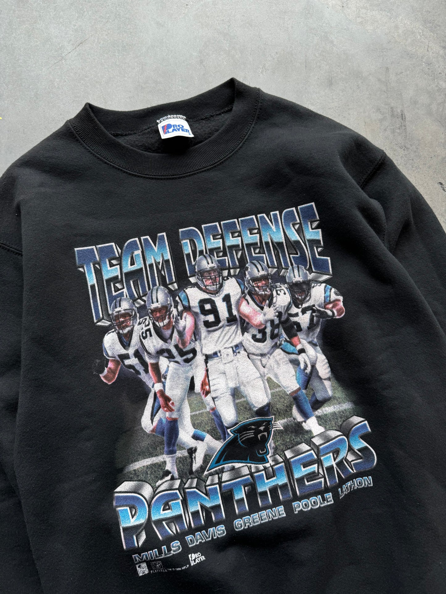 1996 Carolina Panthers Team Defense Vintage Pro Player Black Heavyweight NFL Crewneck (Medium)