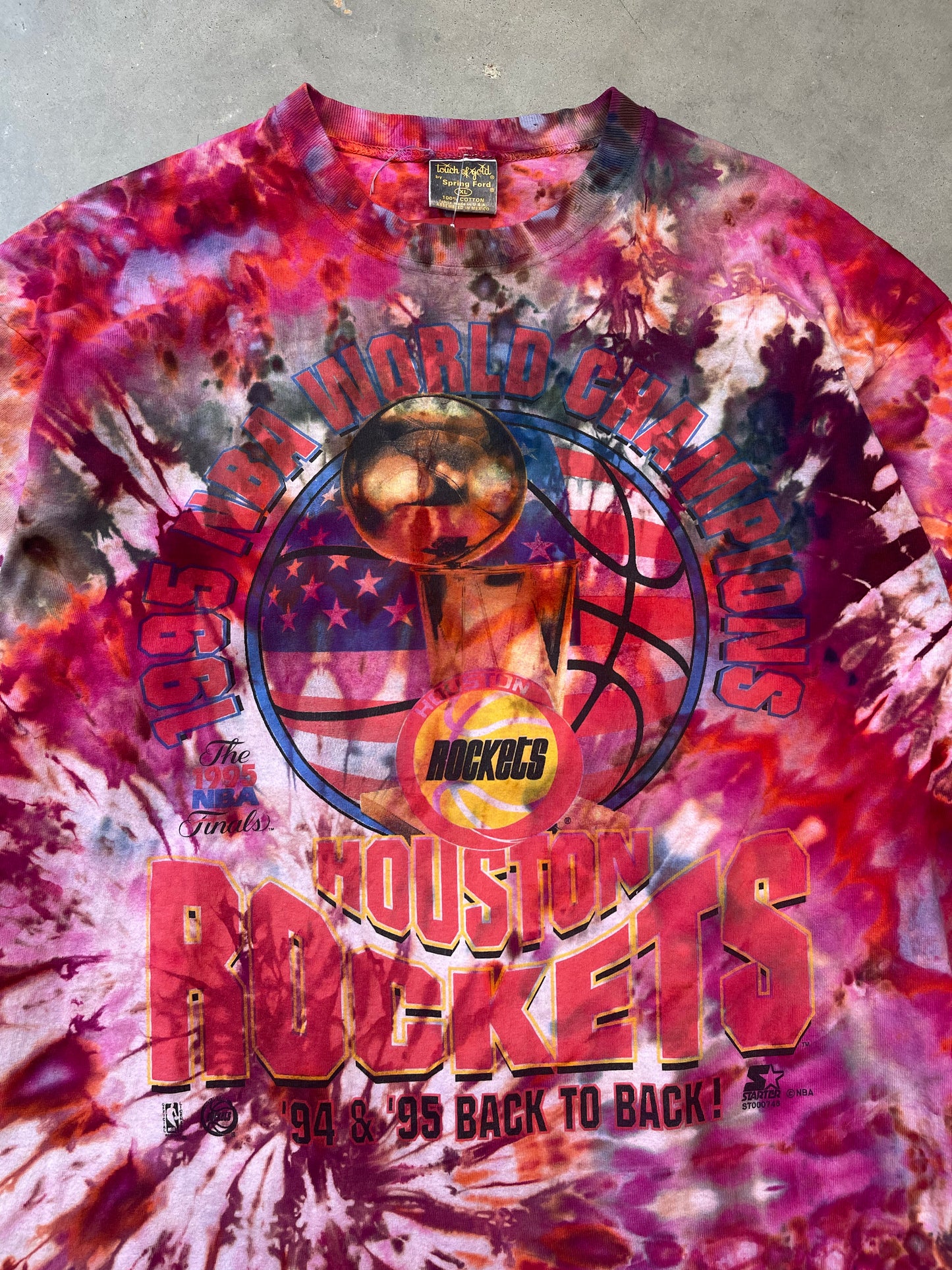 1995 Houston Rockets Back to Back NBA Finals Champions Vintage Custom Tie Dyed Tee (Large)