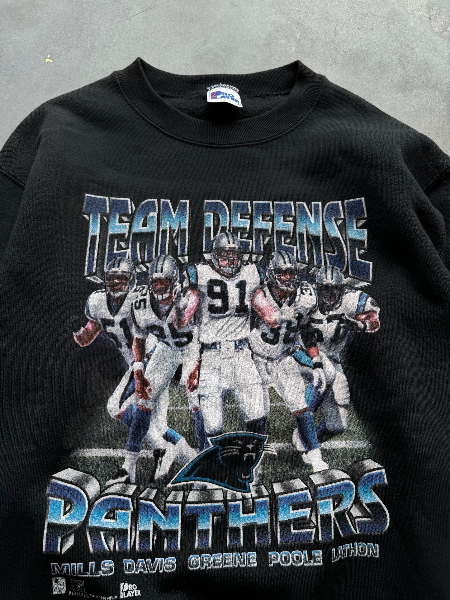 1996 Carolina Panthers Team Defense Vintage Pro Player Black Heavyweight NFL Crewneck (Medium)