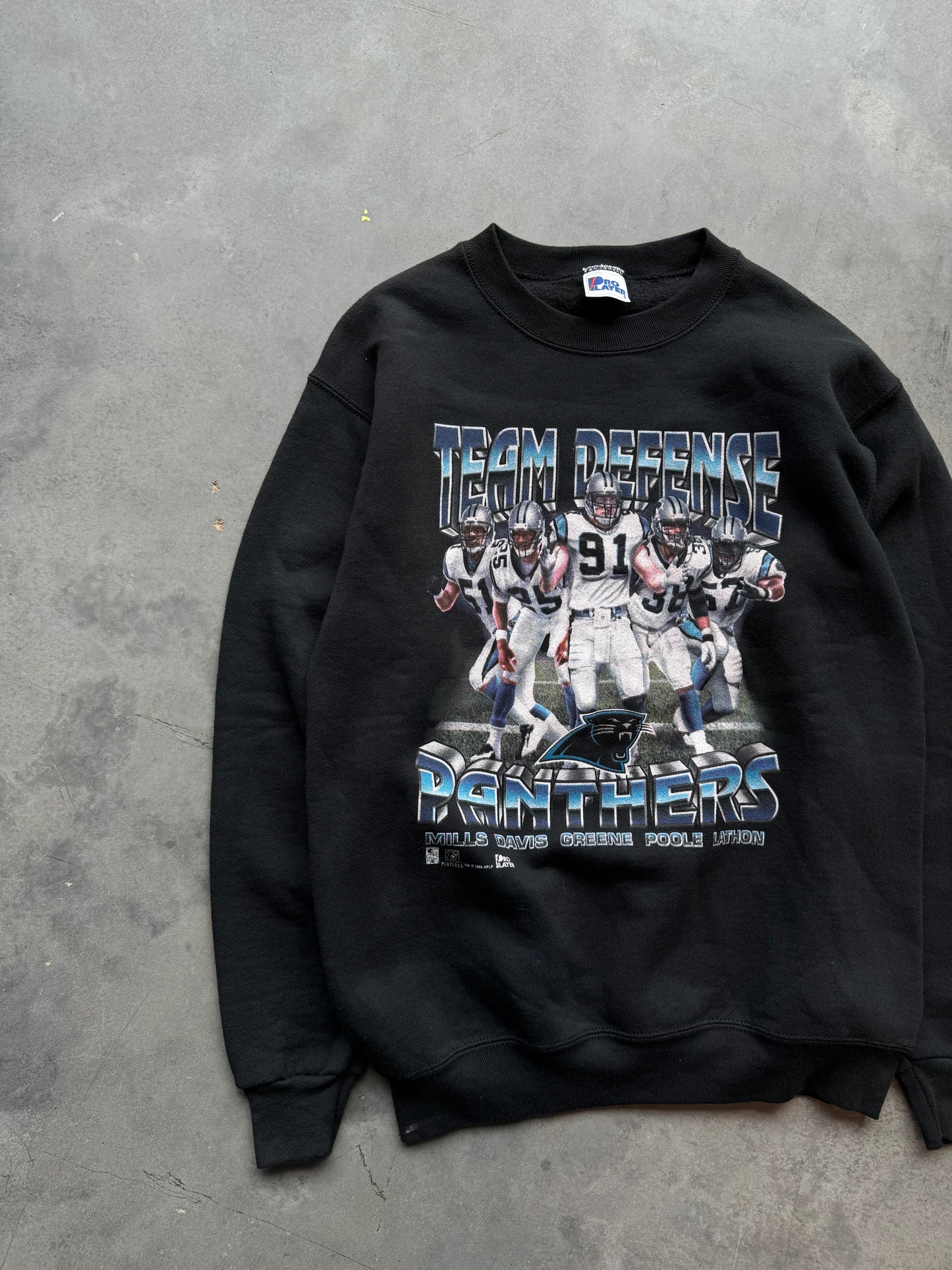 1996 Carolina Panthers Team Defense Vintage Pro Player Black Heavyweight NFL Crewneck (Medium)