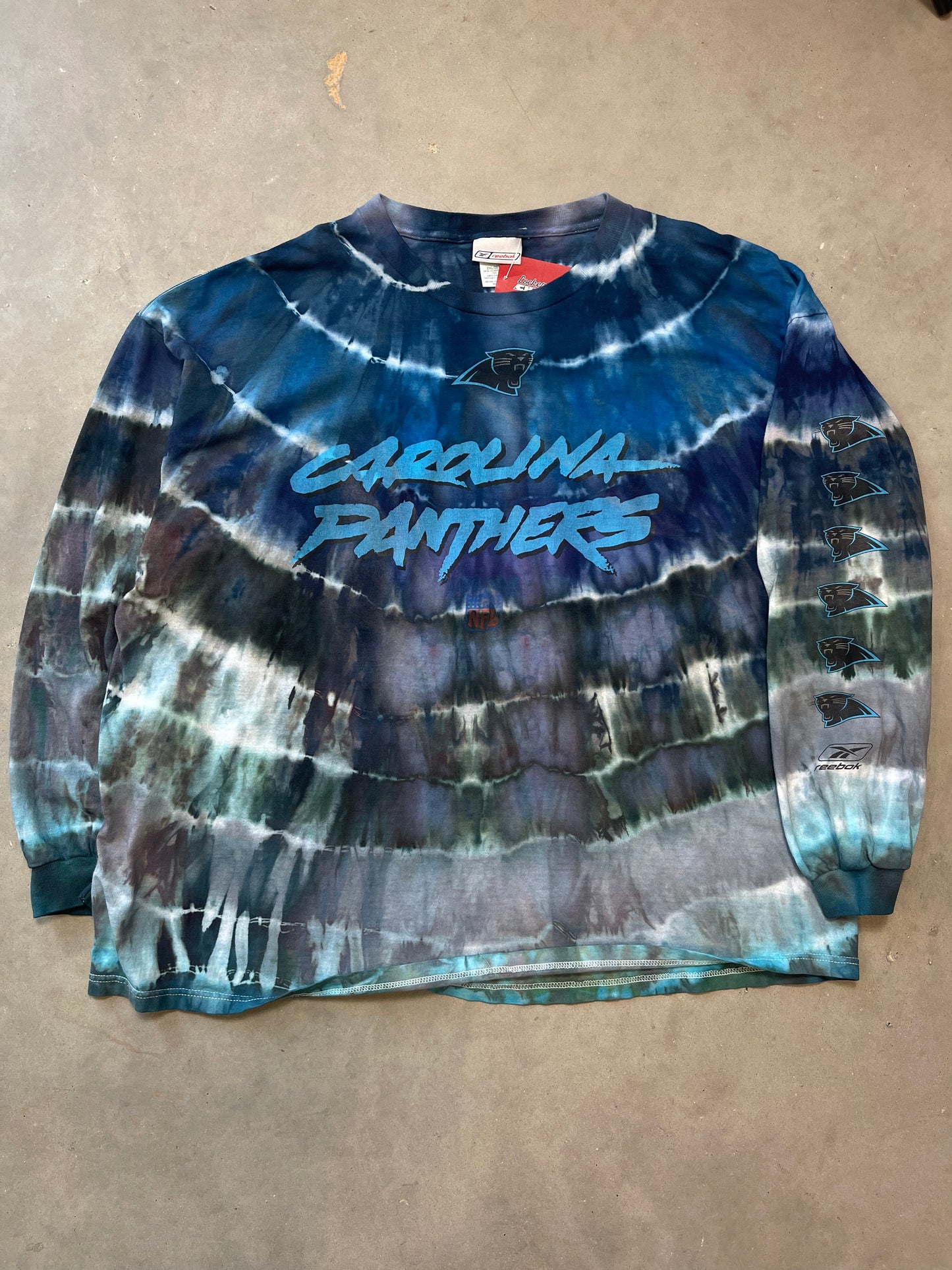 00’s Carolina Panthers Vintage Repeat Logo Custom Tie Dyed Reebok Longsleeve NFL Tee (XXL)