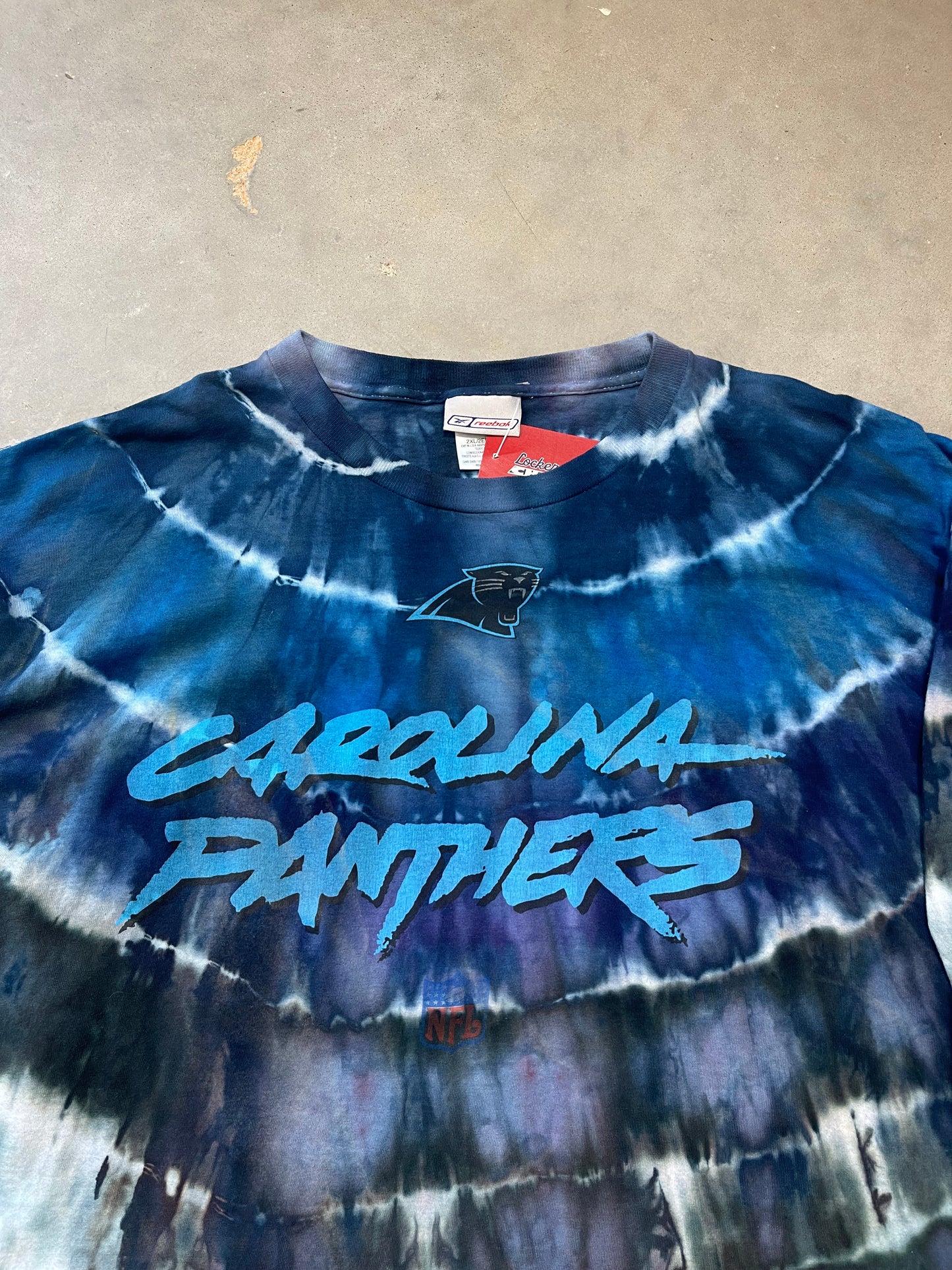 00’s Carolina Panthers Vintage Repeat Logo Custom Tie Dyed Reebok Longsleeve NFL Tee (XXL)