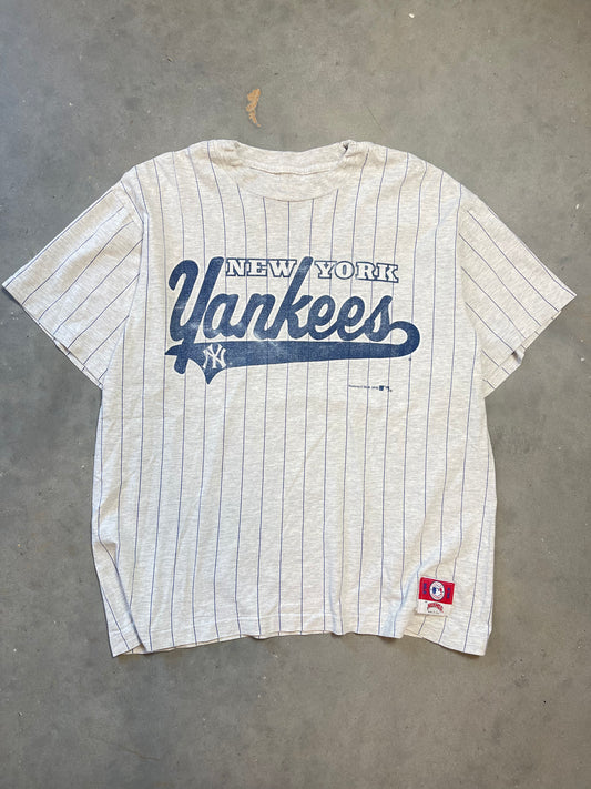 1992 New York Yankees Vintage Script Nutmeg Mills MLB Striped Tee (Large)