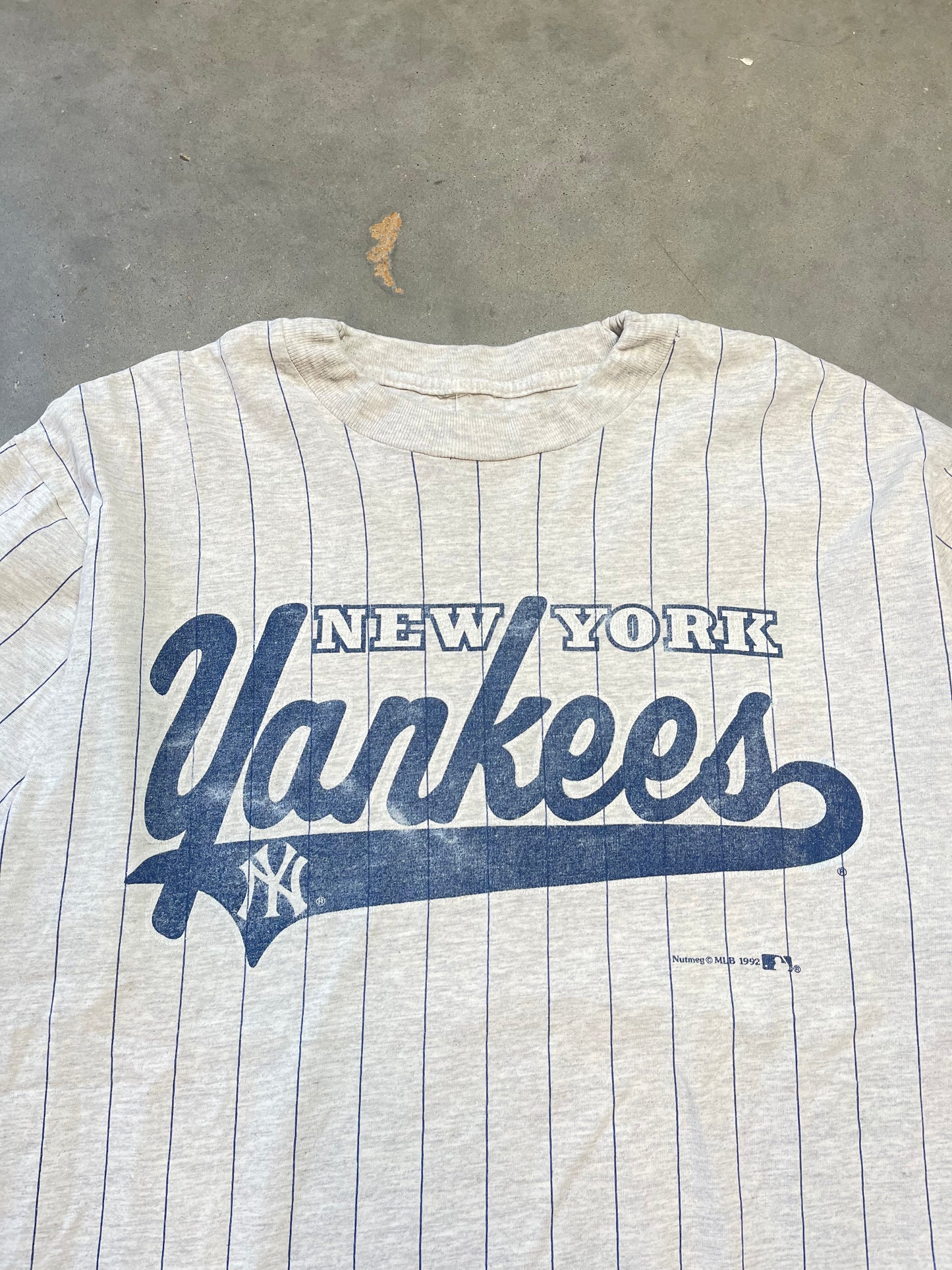1992 New York Yankees Vintage Script Nutmeg Mills MLB Striped Tee (Large)