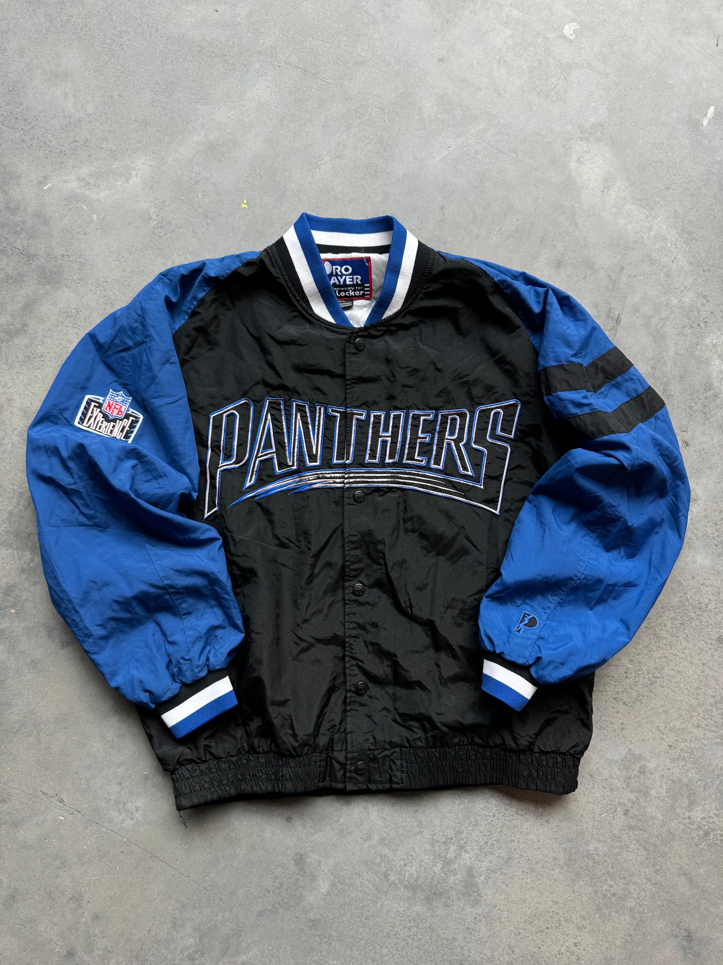 90’s Carolina Panthers Vintage Inaugural Season Word Mark NFL Button Up Pro Player Windbreaker Jacket (Large)