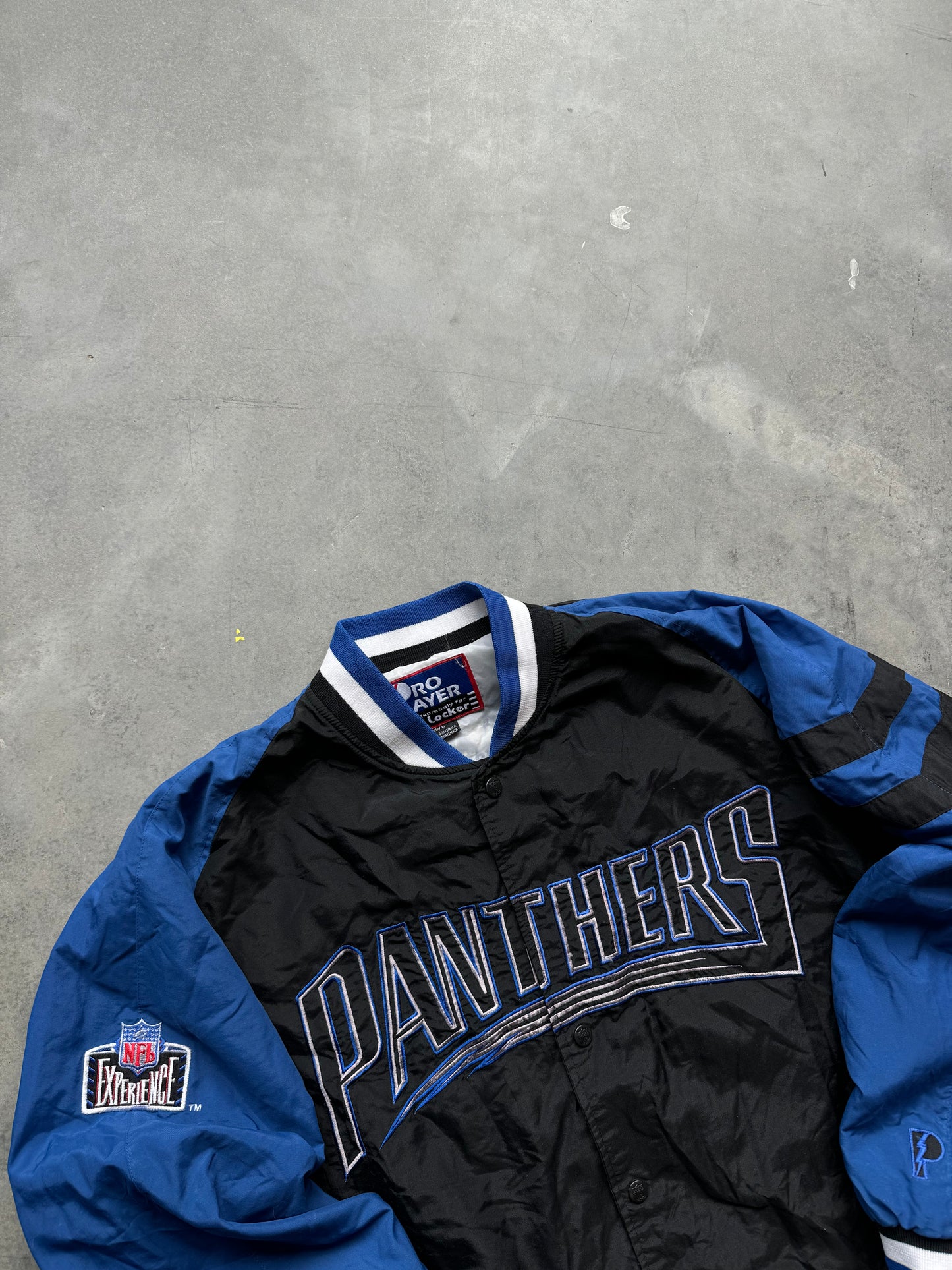 90’s Carolina Panthers Vintage Inaugural Season Word Mark NFL Button Up Pro Player Windbreaker Jacket (Large)