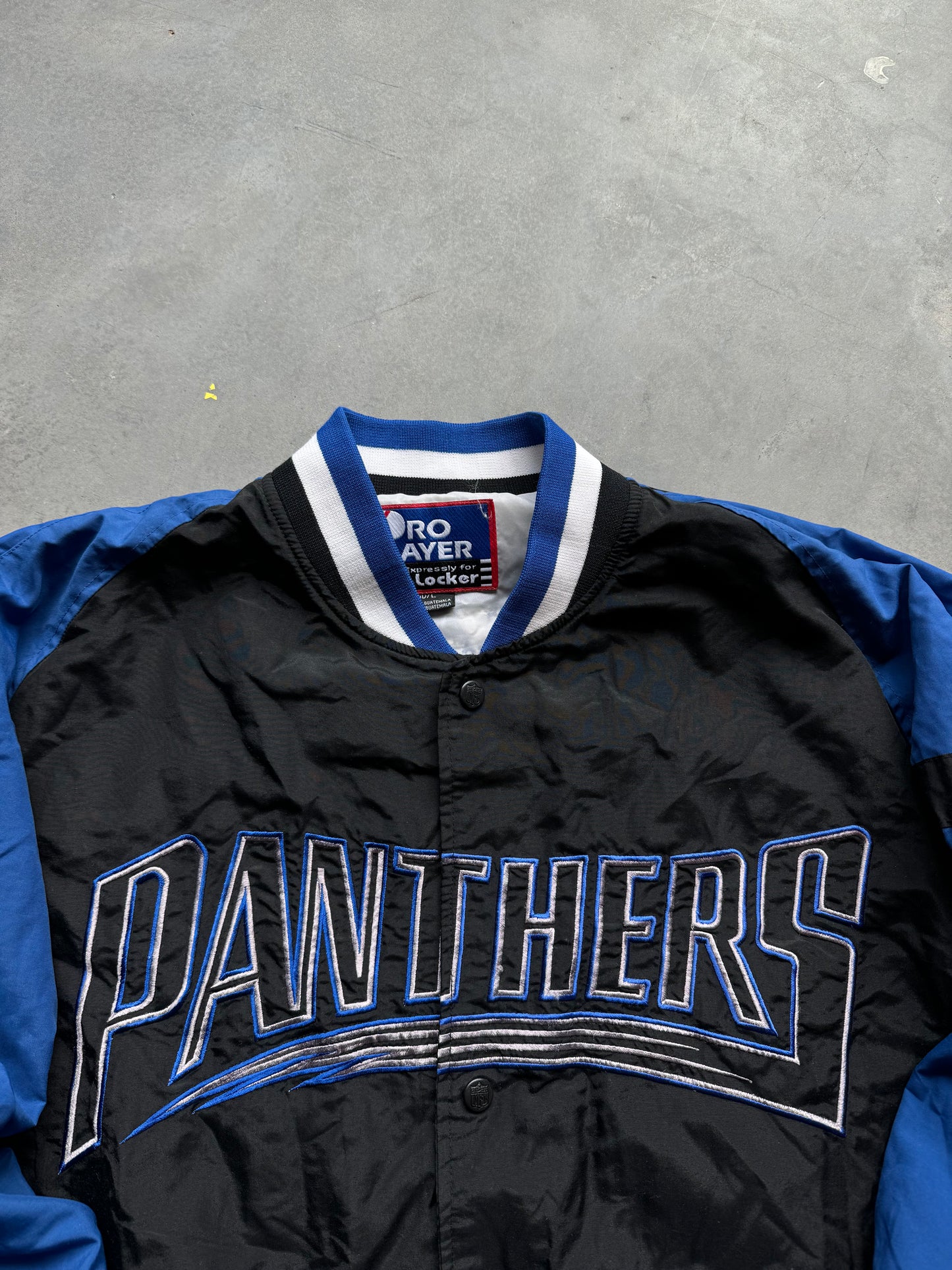 90’s Carolina Panthers Vintage Inaugural Season Word Mark NFL Button Up Pro Player Windbreaker Jacket (Large)