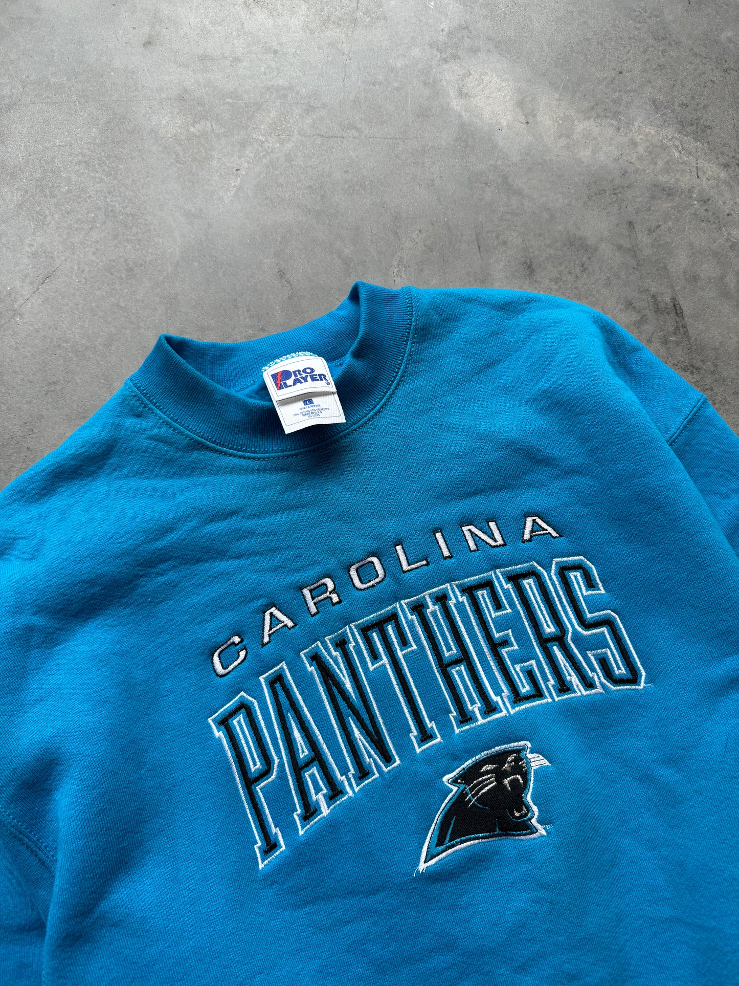 90’s Carolina Panthers Vintage Pro Player Electric Blue Embroidered NFL Crewneck - Deadstock (Large)