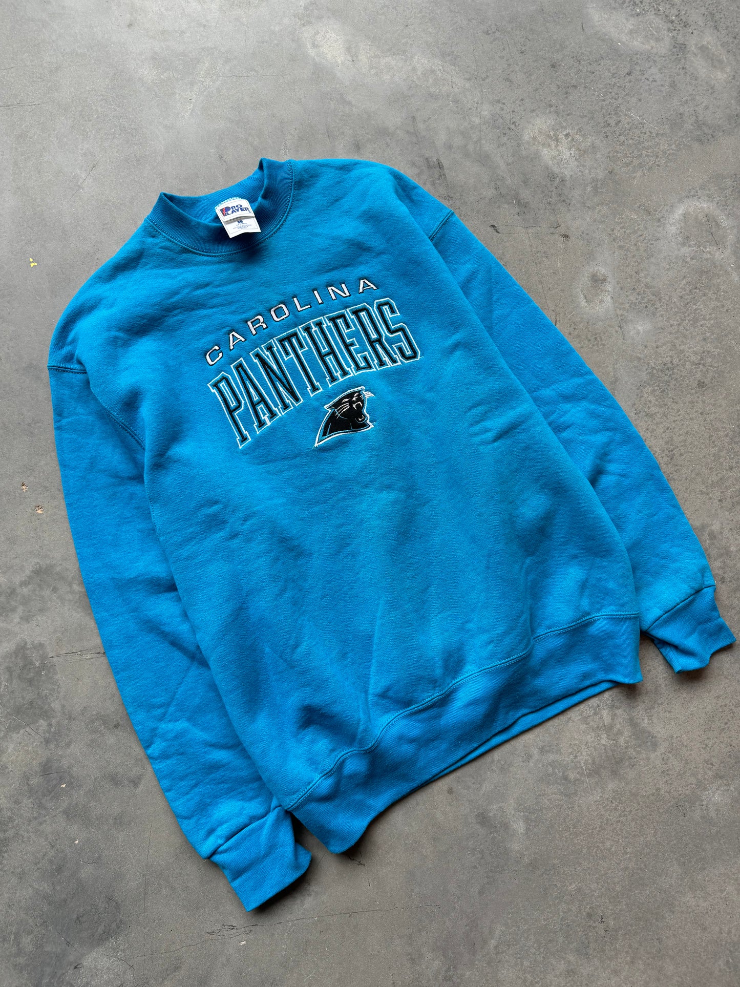 90’s Carolina Panthers Vintage Pro Player Electric Blue Embroidered NFL Crewneck - Deadstock (Large)