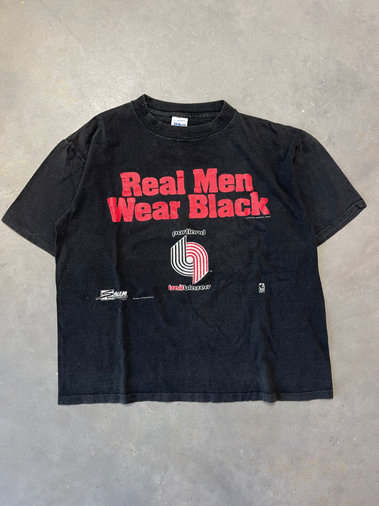 90’s Portland Trailblazers Vintage Salem Sportswear “Real Men Wear Black” NBA Tee (Medium)