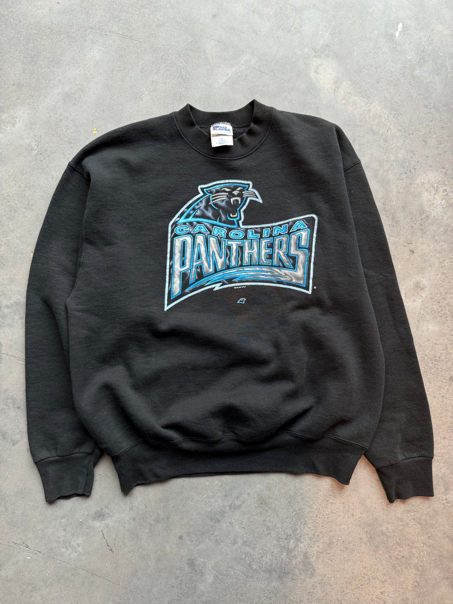 1997 Carolina Panthers Vintage Chrome Style Word Mark Salem Sportswear NFL Crewneck (XL)