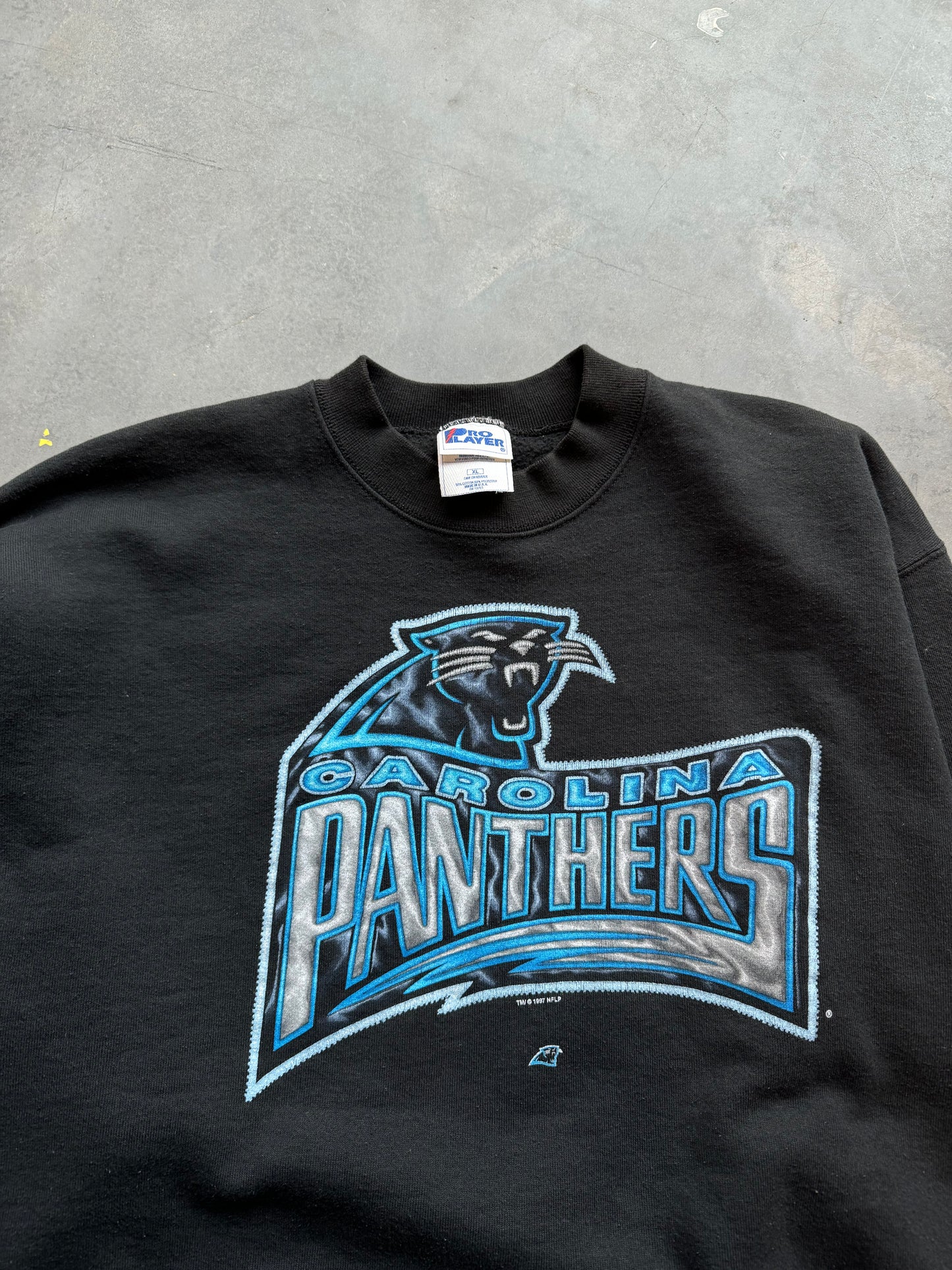 1997 Carolina Panthers Vintage Chrome Style Word Mark Salem Sportswear NFL Crewneck (XL)