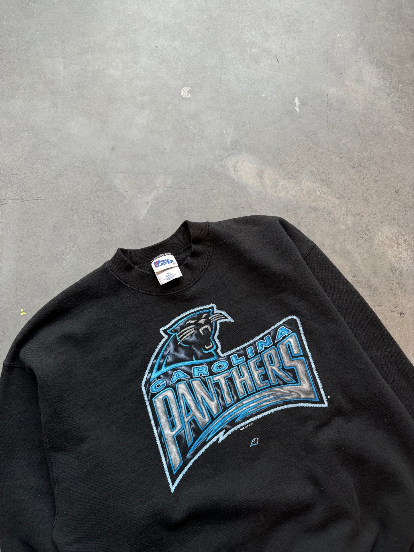 1997 Carolina Panthers Vintage Chrome Style Word Mark Salem Sportswear NFL Crewneck (XL)