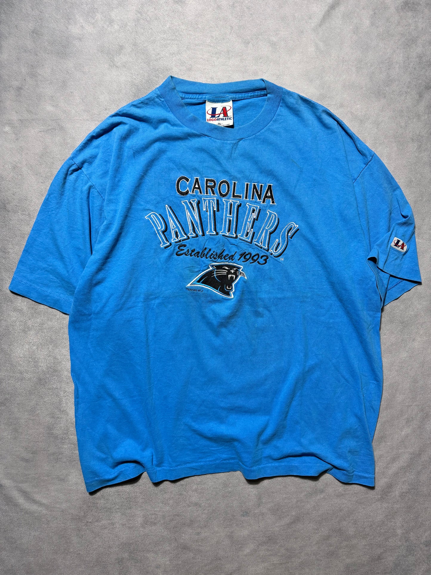 1993 Carolina Panthers Vintage Blue Logo Athletic Embroidered Spellout NFL Tee (XL)